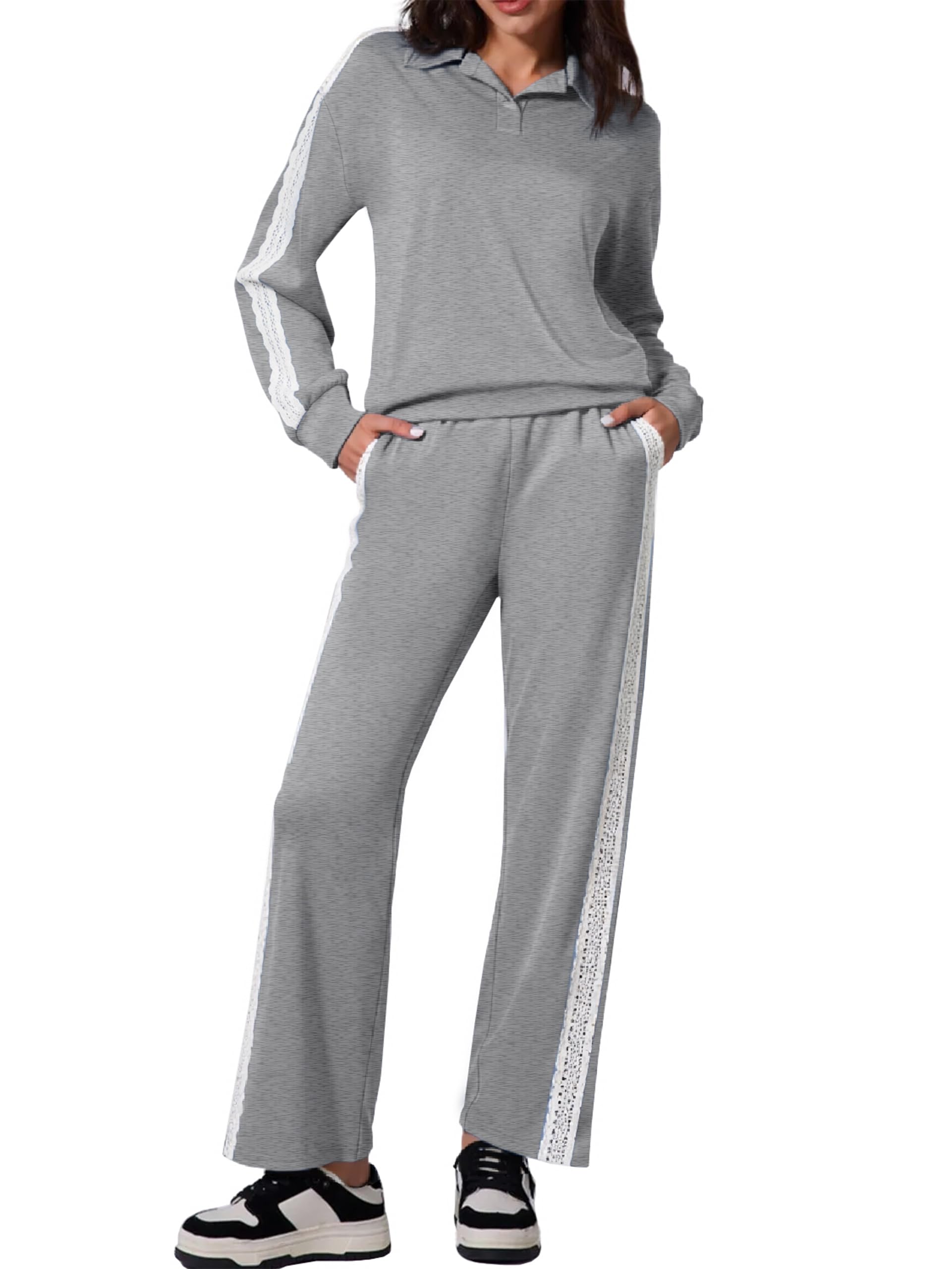 Glamaker Womens Sweatsuits 2 Piece Set Fall Sweatshirt Polo Top Track Suit Lace Wide Leg Lounge Travel Outfits