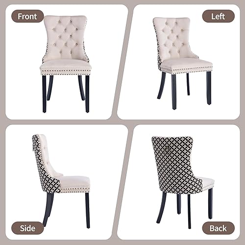 Miniatura 7 de MZDOO Juego de 4 sillas de comedor negras, sillas de comedor tapizadas de tela de lino con respaldo alto, ribete de cabeza de clavo y patas de