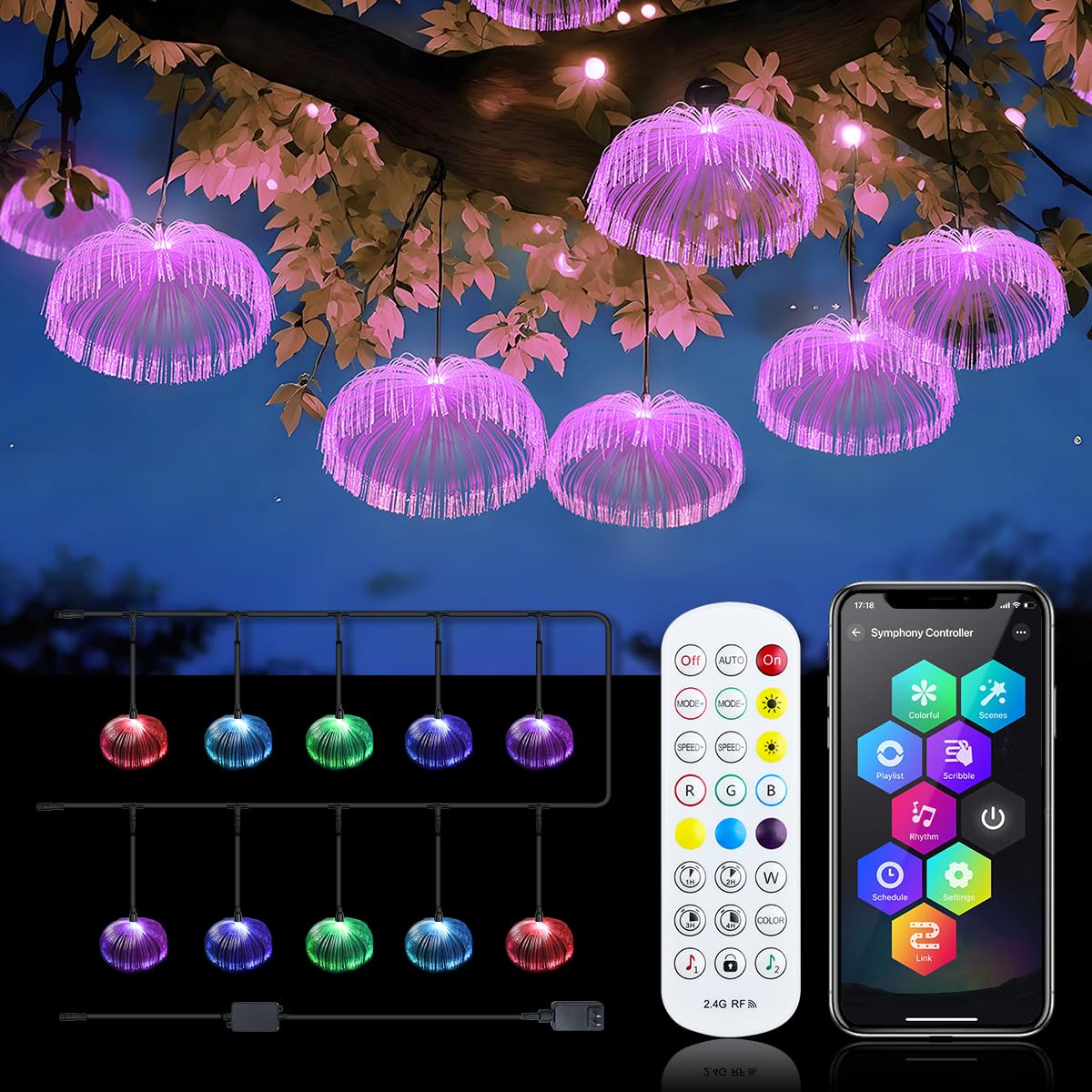 AZIMOM Smart 16.4ft 10pcs Fiber Optic Jellyfish Lamp APP Control Timing Music Sync RGBW Colorful IP67 Waterproof Outdoor Fairy Hanging String Light Garden Trees Christmas Party Wedding Ceiling Decor