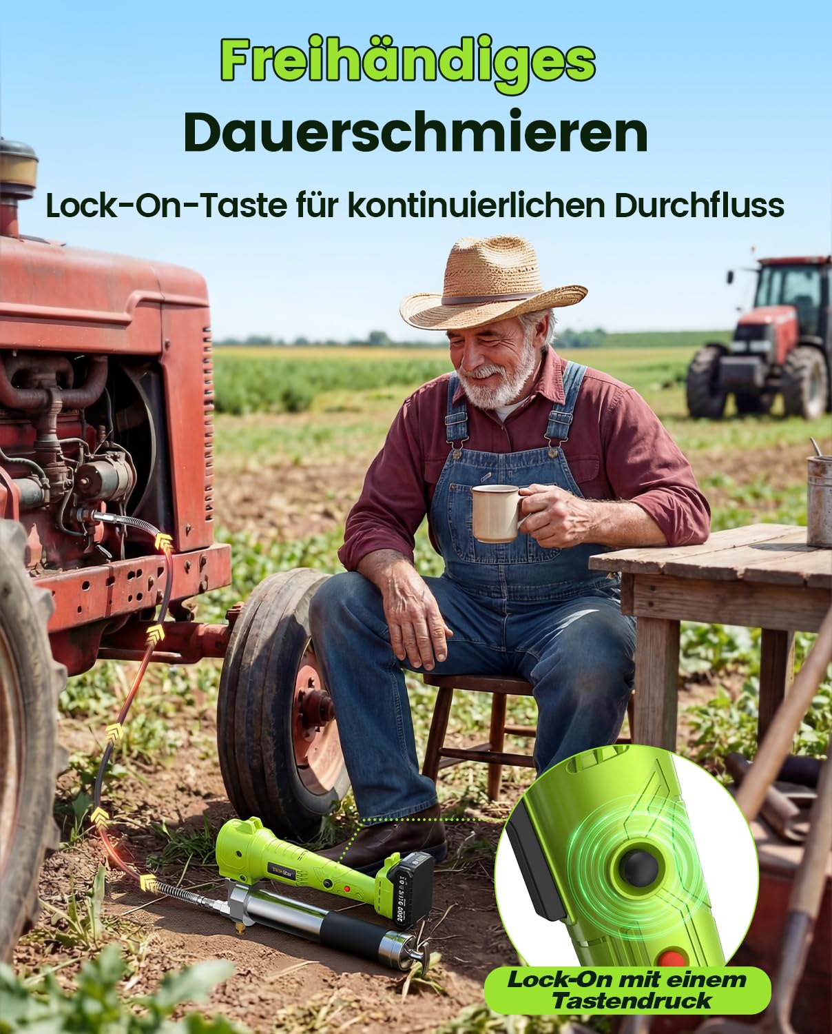TaskStar Akku Fettpresse, [Super Effizient] Elektrische Fettpresse Kit mit 2 Batterien und Ladegerät, 39,4” Schlauch und Fettpresse Mundstück, 10000 PSI Fettpresse mit Super Helles LED-Licht, Grün