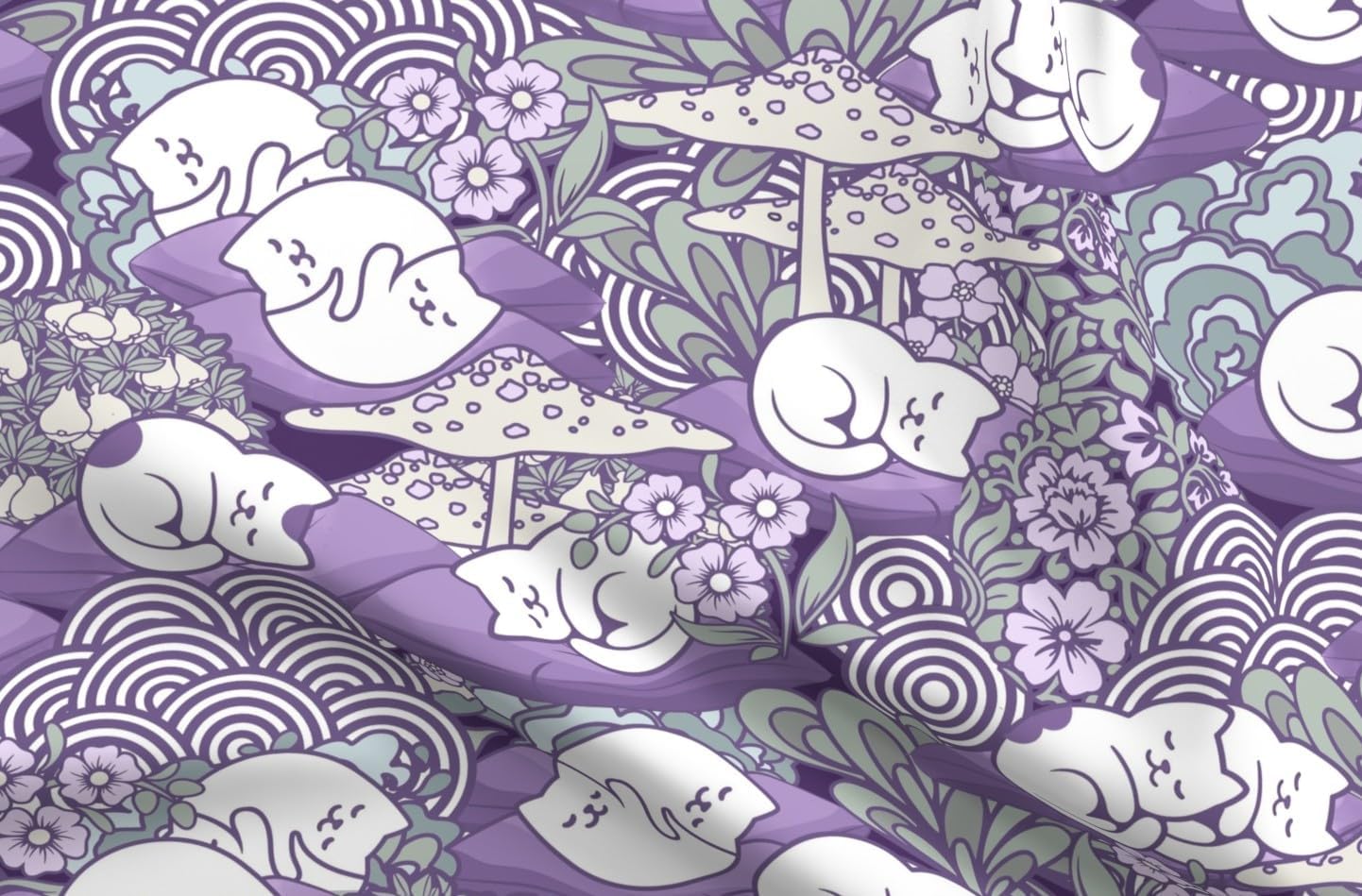 Spoonflower Fabric - Sleeping Cats Whimsical Purple Gray Toadstools Kawaii Kittens Printed on Chiffon Fabric Fat Quarter - Upholstery Home Decor Bottomweight Apparel