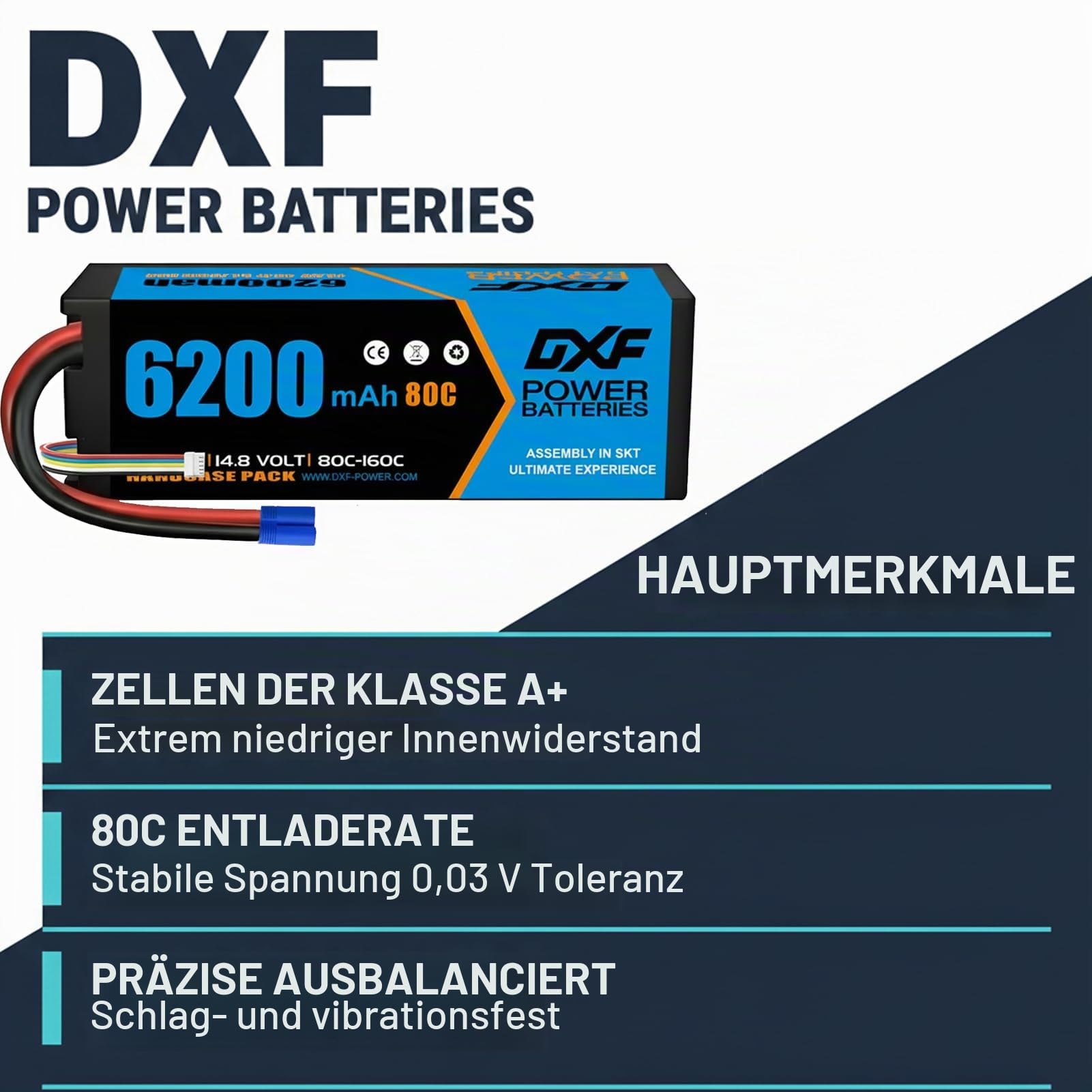 DXF 2 Packungen 4S LiPo Akku 14.8V 6200mAh 80C mit EC5 Stecker Hochleistungs für 1:8 1:10 RC Auto Kraft Lange Laufzeit Hohe Leistung Weit Verbreitet Ideal Perfekt