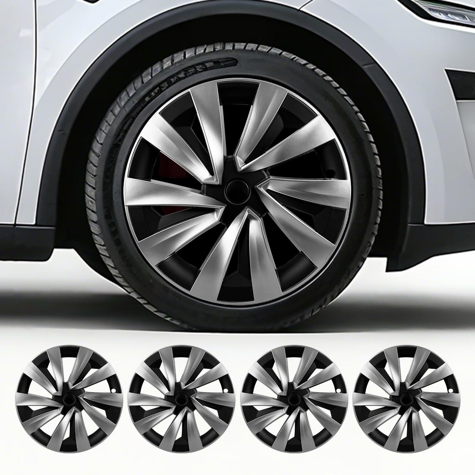 4PCS Wheel Covers for New Tesla Model Y Juniper 19 inch 2025-2026, Hubcaps Fits for Tesla Model Y Juniper, Rim Cover Protector Wheel Cover,Black and Silver