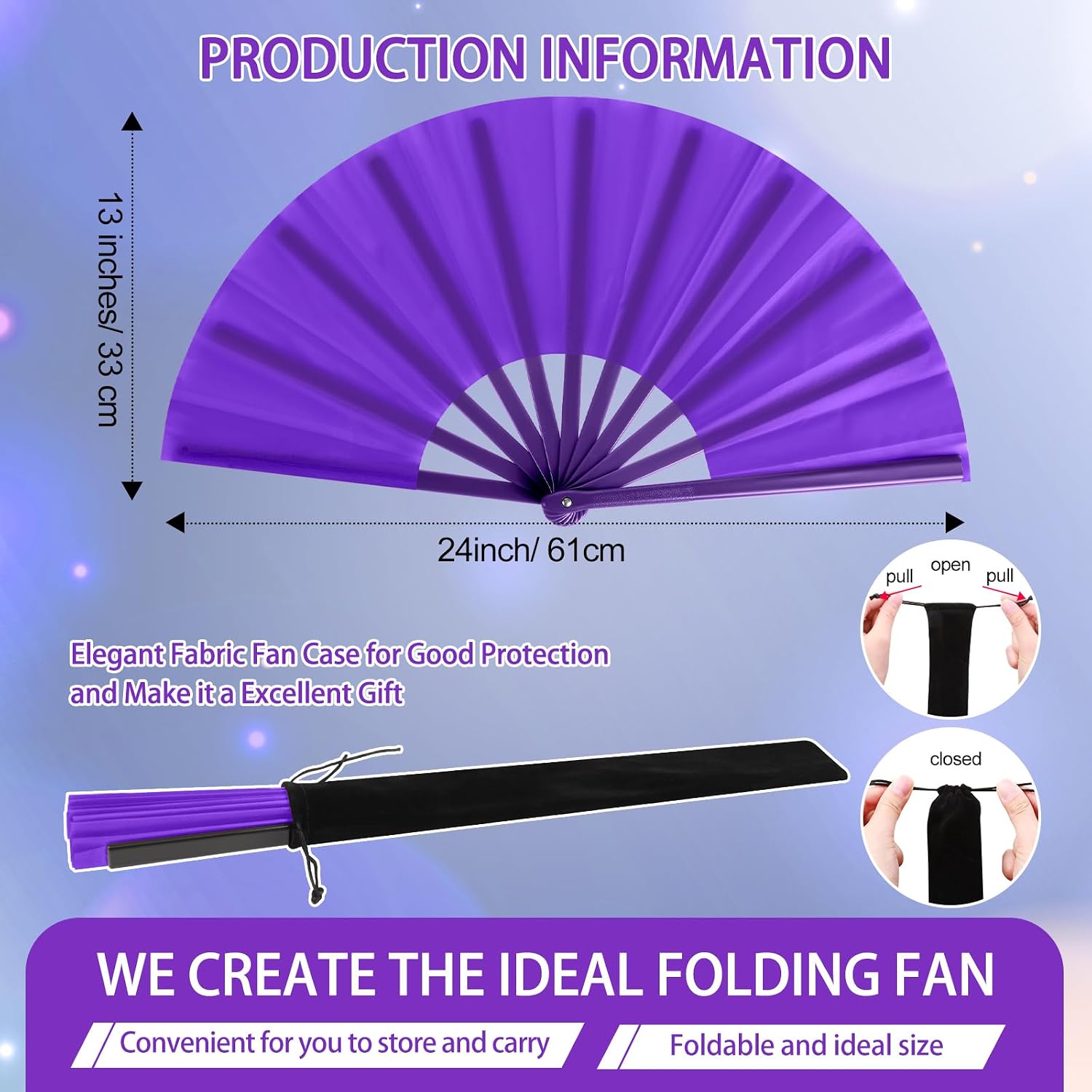 Blulu 4 Pcs Large Folding Fans Bulk with 4 Fan Sleeves, Chinese Kung Fu Hand Clack Rave Fans for Line Dancing, Festival, Party Decor and Performance(Classic Style,Black, Purple, Pink, Blue,13 Inch)