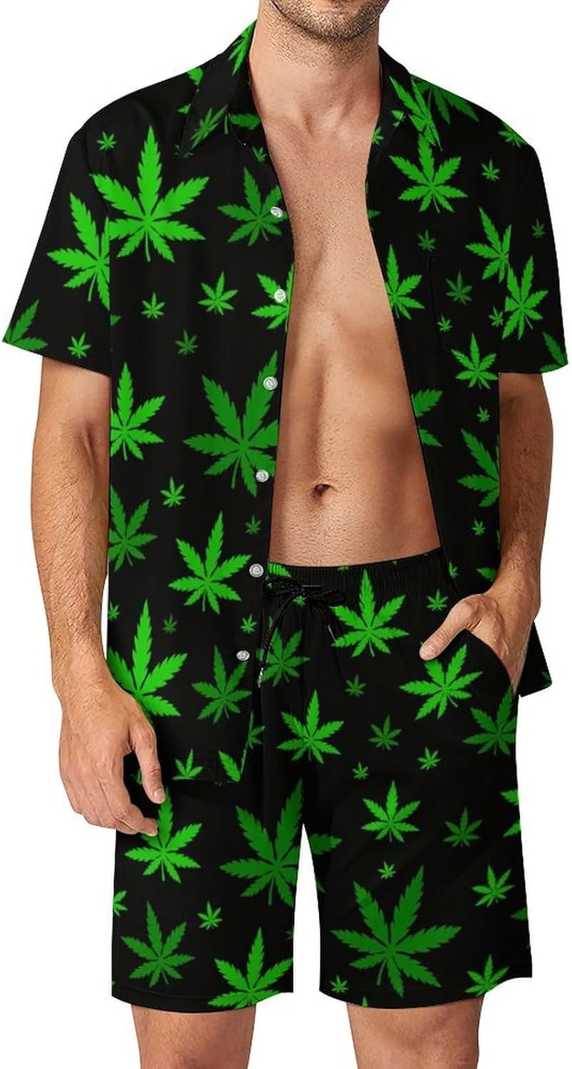 Mens 2 Piece Outfit Short Sleeve Button Down Shirt And Beach Shorts Set Marijuana Green Weed Vacation Hawaiian Sets
