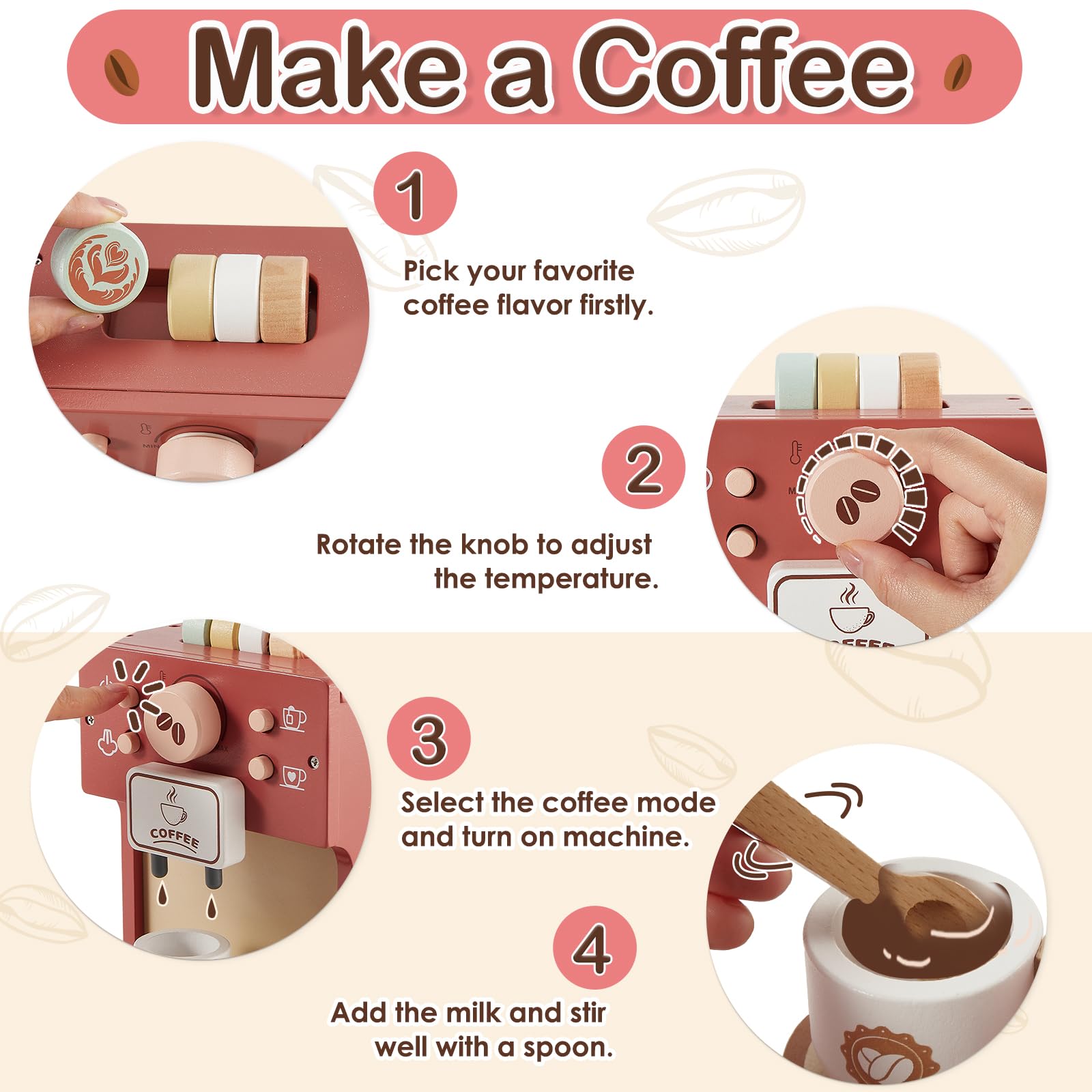 BUYGER Giochi Legno Bambini 5 anni, Macchina da Caffè Accessori Cucina in Legno per Bambini, Giocattolo Educativi Montessori, Regalo per Bambino Bambina 3 + Anni
