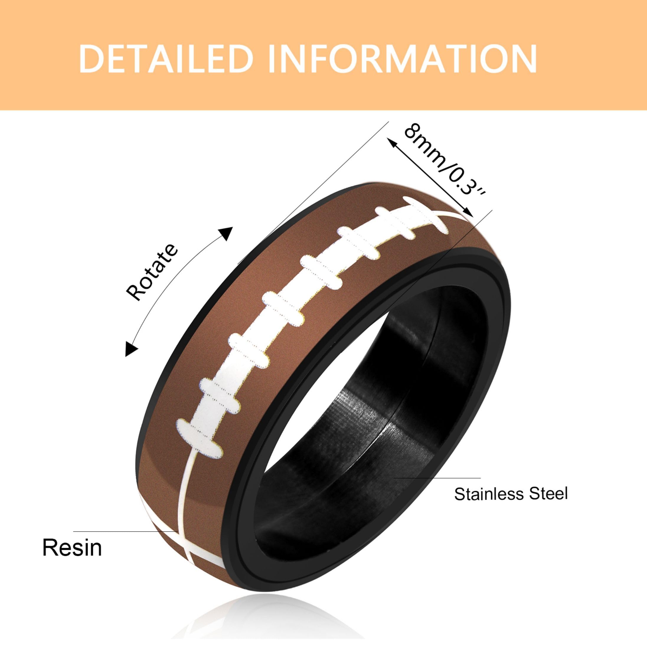 Anillo de Fútbol Americano Marrón de Acero Inoxidable para Hombre - Anillo Antiestrés Deportivo Tamaño R1/2
