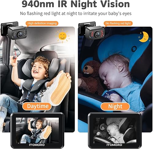Miniatura 3 de Itomoro Cámara de coche para bebé de 5 pulgadas, 1080P con zoom 3X, visión nocturna IR, rotación de 360, monitor de bebé ajustable para automóvil,