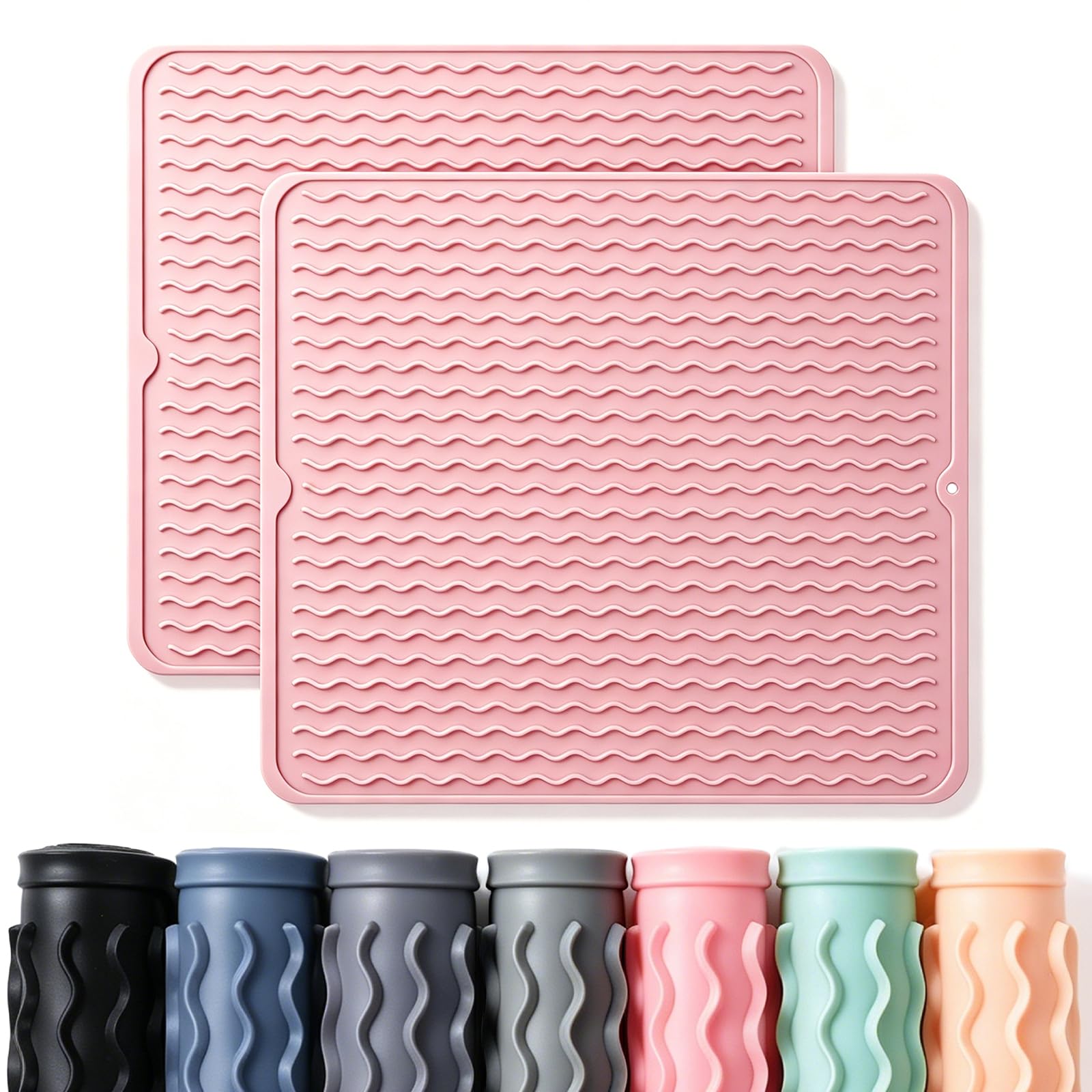 2 Pack Caketime Silicone Dish Drying Mat for Kitchen Counter Cooking Baking Liners Drawer Refrigerator Espresso Machine Station Utensil Holder Washer Trivets Oven Chef Gifts Extra Large 18"x16" Pink