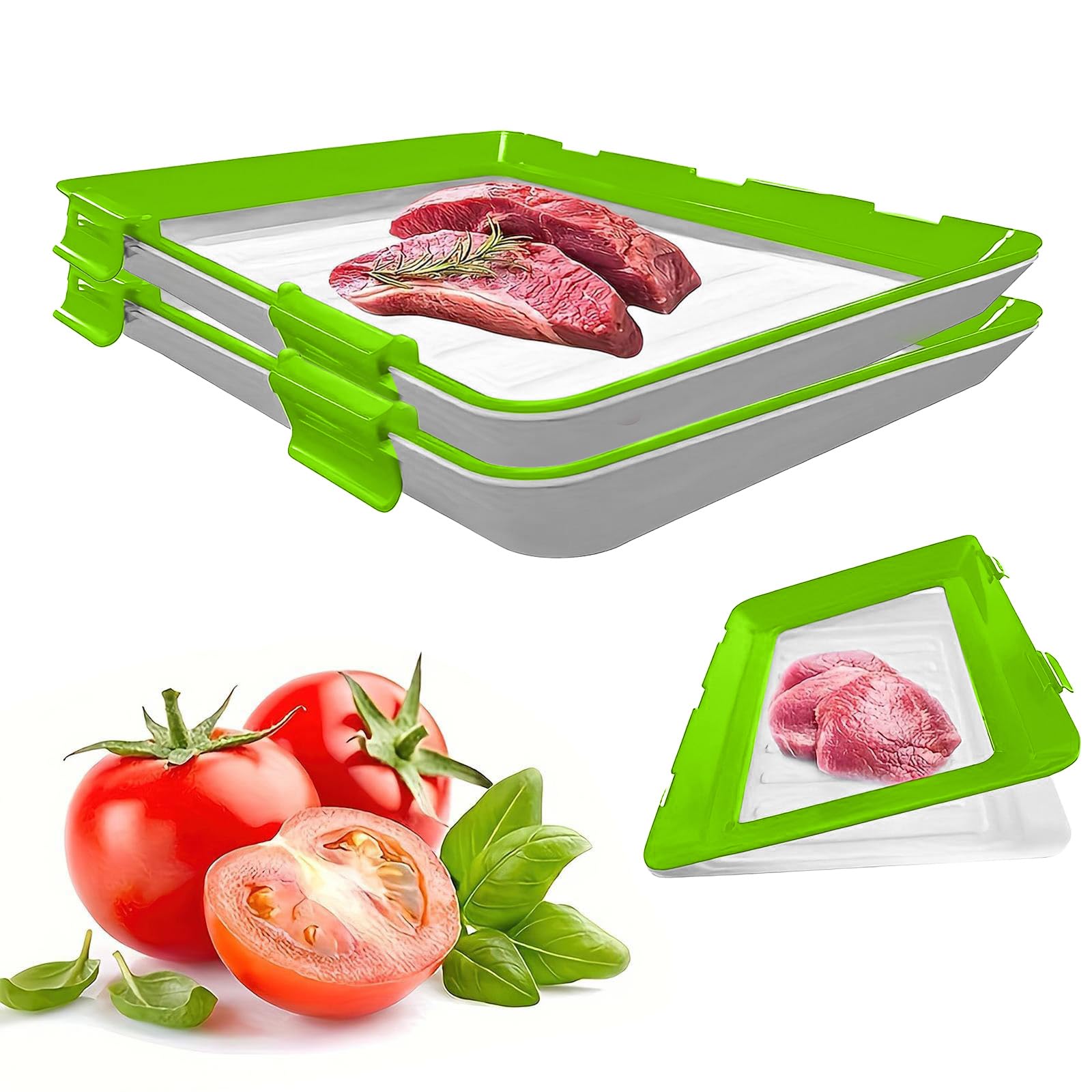 YSINOBEAR Vacuum Fresh Storage Tray,Reusable Creative Food Storage Container, 12x8.6 Stackable Food Preservation Tray with Elastic Lid with Buckle for Vegetable Fruit Meat Fish (2pcs/B)