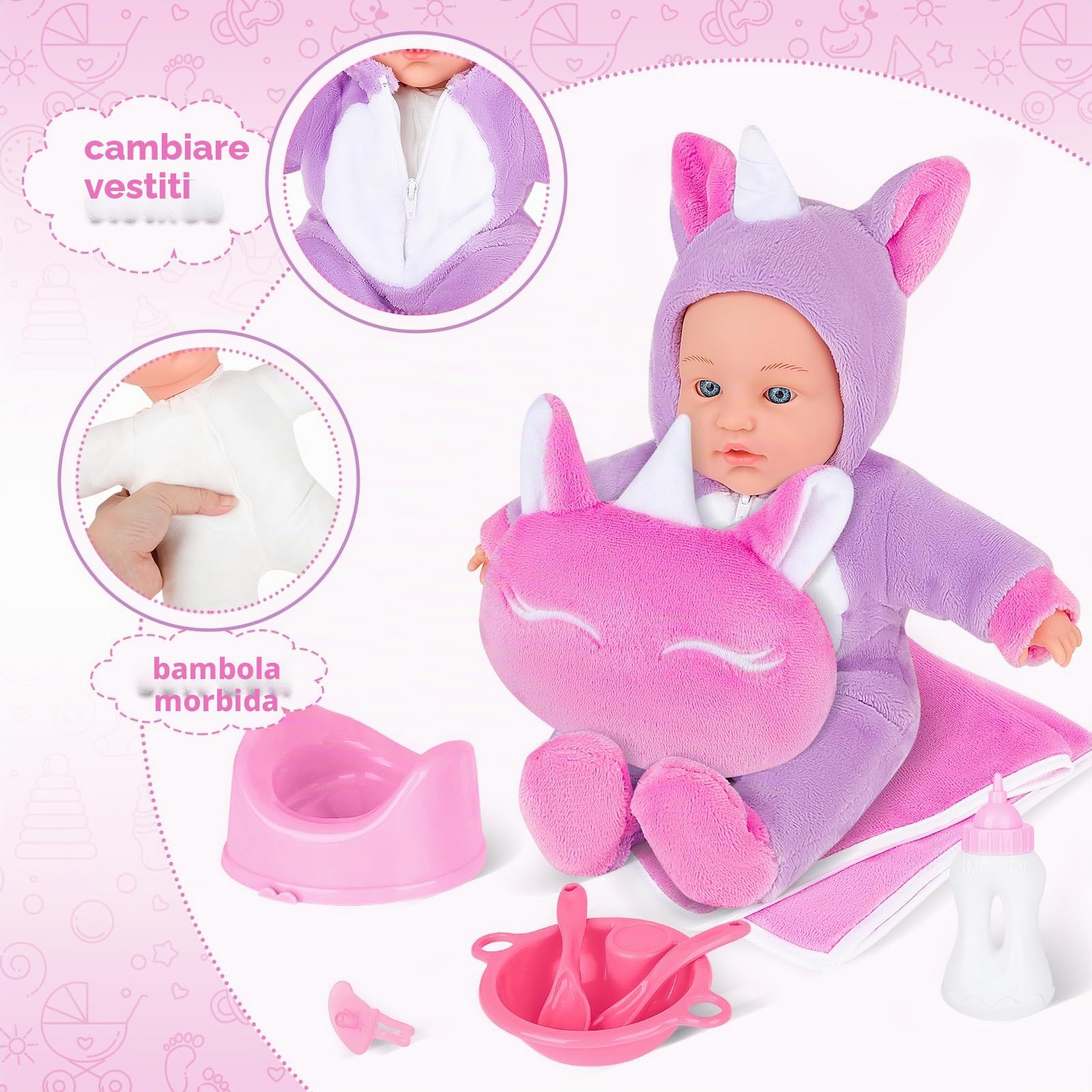 deAO Set Baby Doll con 18” Lettino e 14”Bambole Neonato | Bambola Bebè Set con Bambole Vestiti, Set di Alimentazione e Cura per New Born Baby Dolls, Giocattoli per Giochi di Ruolo