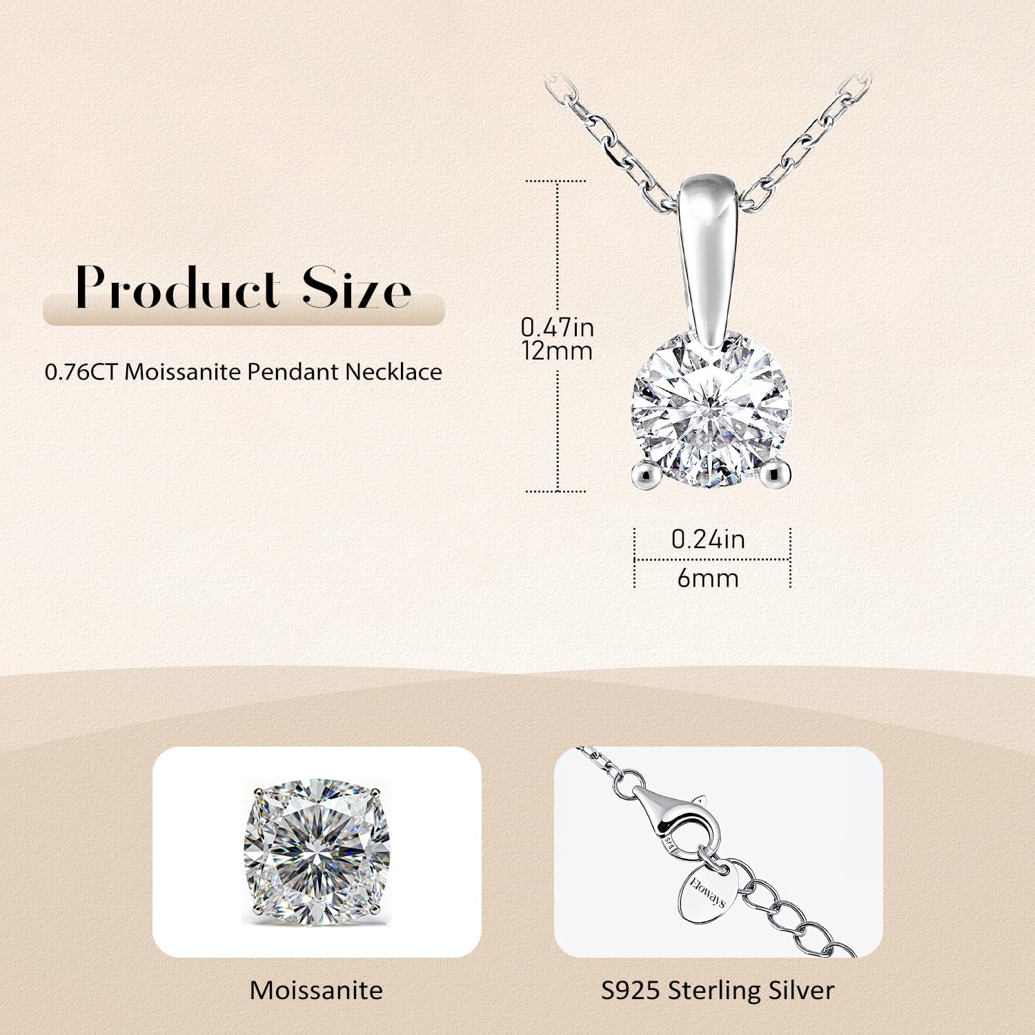 Moissanite Pendant Necklace for Women, 6mm 0.55Ct D Color, VVS1, 925 Sterling Silver, Solitaire Pendant Moissanite Necklace for Wife Mom Girlfriend Birthday Anniversary Valentines Christmas Gift - Image 6