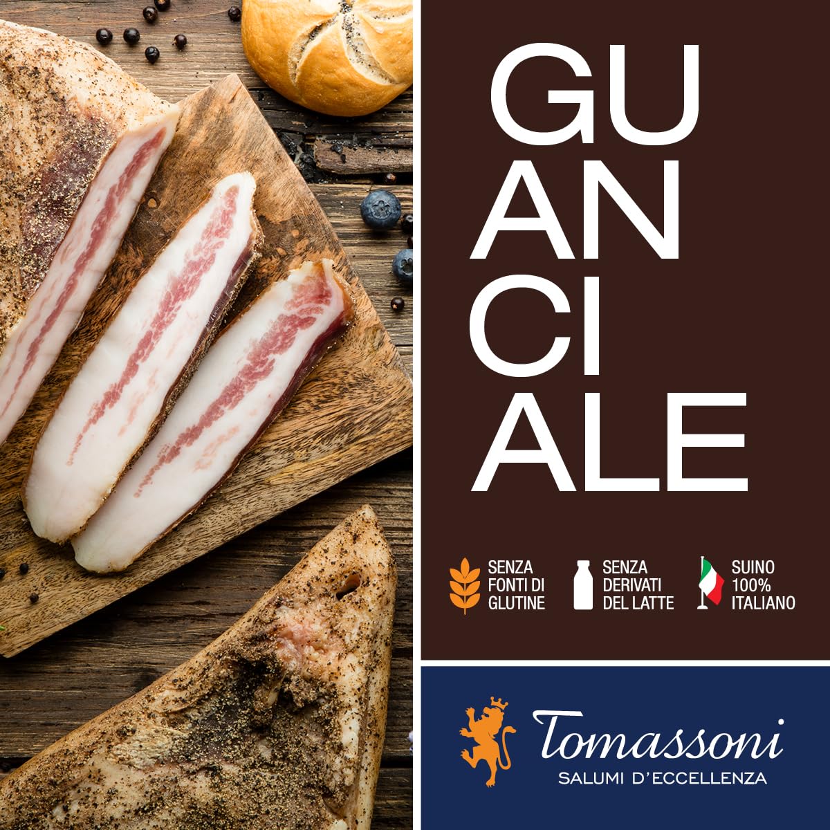 Tomassoni Italienisch Wange vom gewürzten Schweinefleisch mit Pfeffer Ganz 1,80Kg, Guanciale, Zutat für Carbonara und Amatriciana, glutenfreiund laktosefrei, 100% italienisches, vakuumverpackt