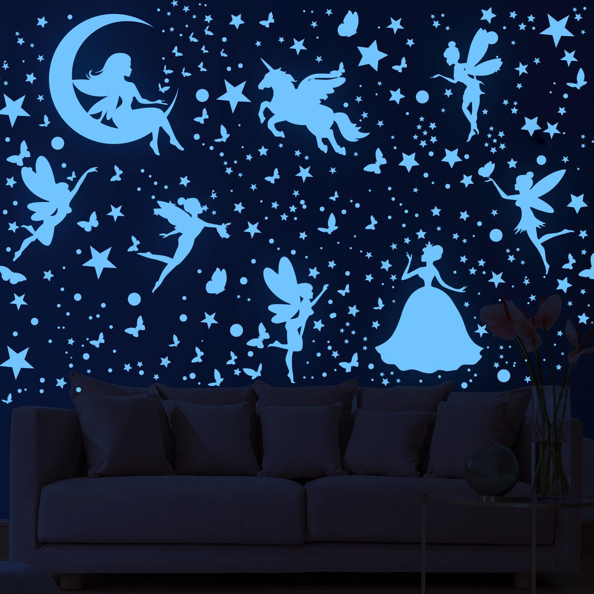 470 Pièces Fée Etoiles Phosphorescentes Plafond Etoile Fluorescente Chambre Enfant Licorne Papillon Points Fluorescente Autocollants Enfants Stickers Muraux Décoration pour Enfants Fille Chambre