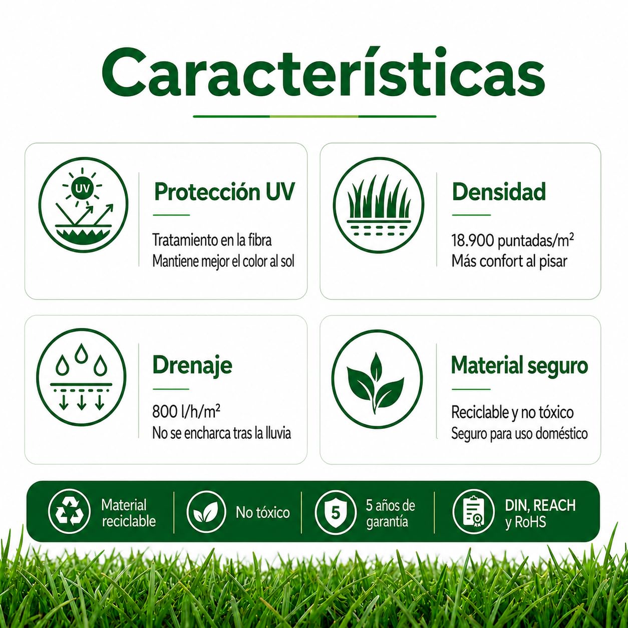 Césped Artificial DUBAI 40 mm | Rollo 1x5 m |Natural y Realista | Resistente UV | Hilo en Forma de C | Reciclable y No Tóxico | Alta Densidad 18.900 Puntadas | Drenaje 800 l/h/m²