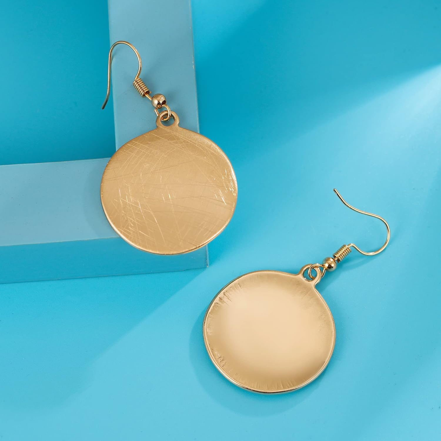 SUNLAND Handmade Teardrop Earrings with Brushed Finished Dangle Earring Brushed Gold Silver Rose Gold Colored Round Disc Shaped Drop Earring Hook Earring - Image 7