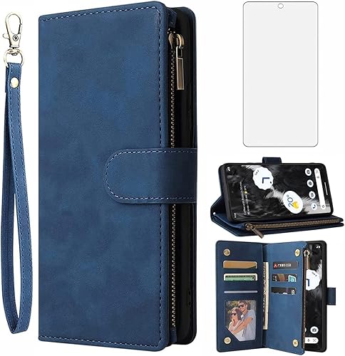 Asuwish Funda tipo cartera compatible con Google Pixel 7 Pro 5G, protector de pantalla de vidrio templado y portatarjetas, accesorios celulares,