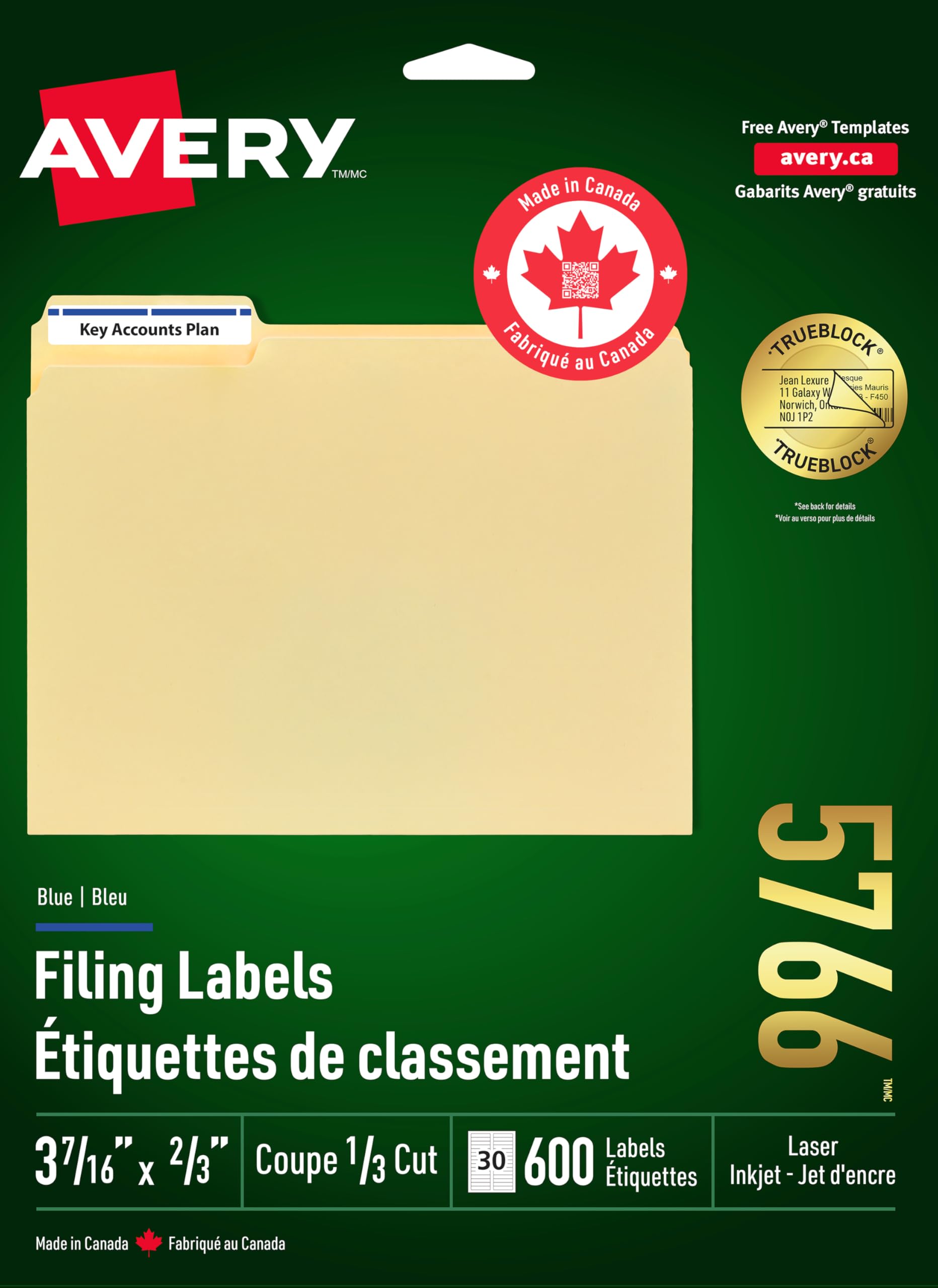 Avery Filing Labels with TrueBlock Technology for Laser and Inkjet Printers, 2/3" x 3-7/16", Blue, File Tab Labels. Folder Labels. Rectangle, 600 Labels, Permanent (5766) Made in Canada