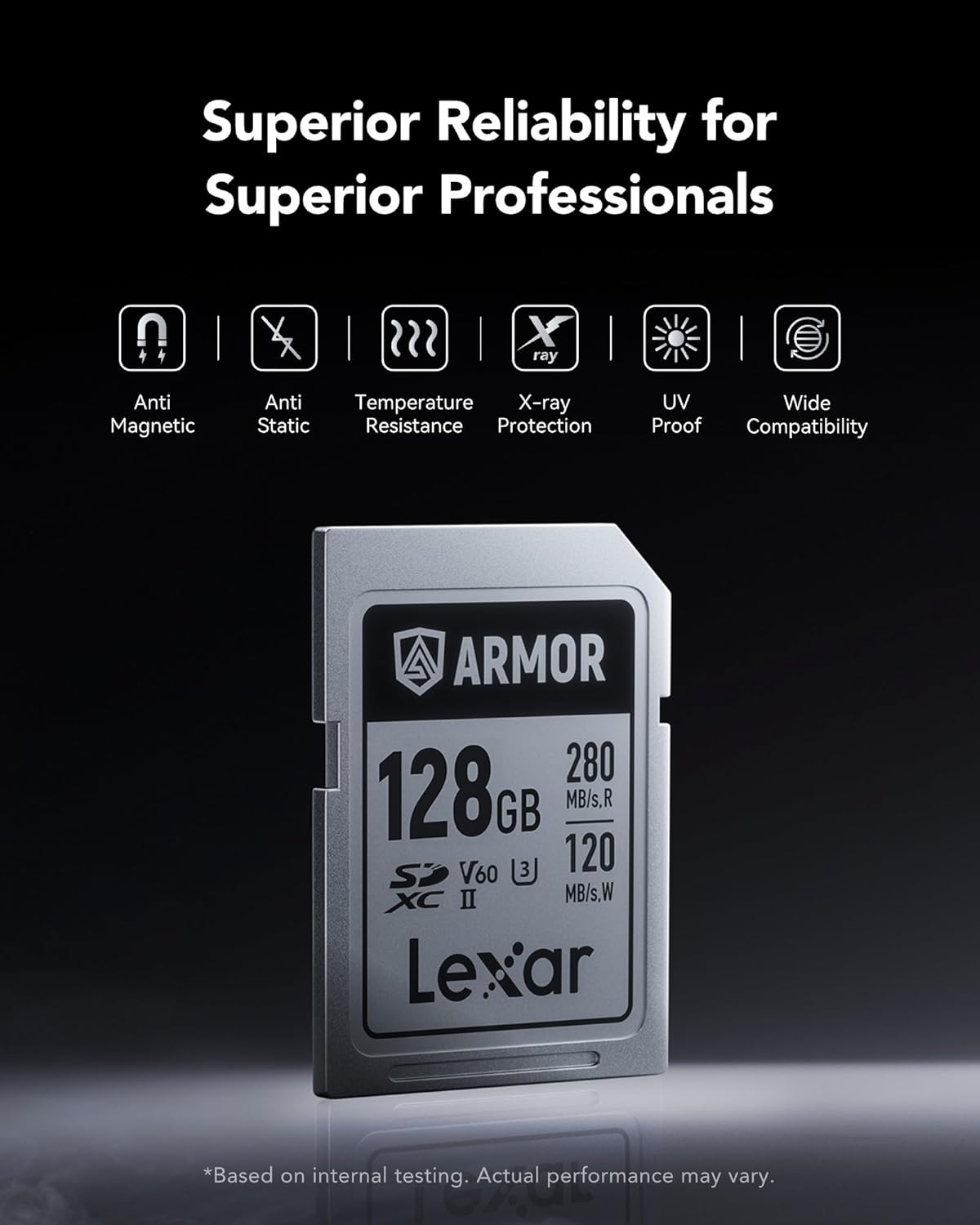 Lexar Armor Silver PRO 128GB UHS-II SDXC Card, Stainless Steel, C10 U3 V60 6K UHD Video, Up to 280MB/s Read, 120MB/s Write, DSLR/Camera/Photographer/Videographer