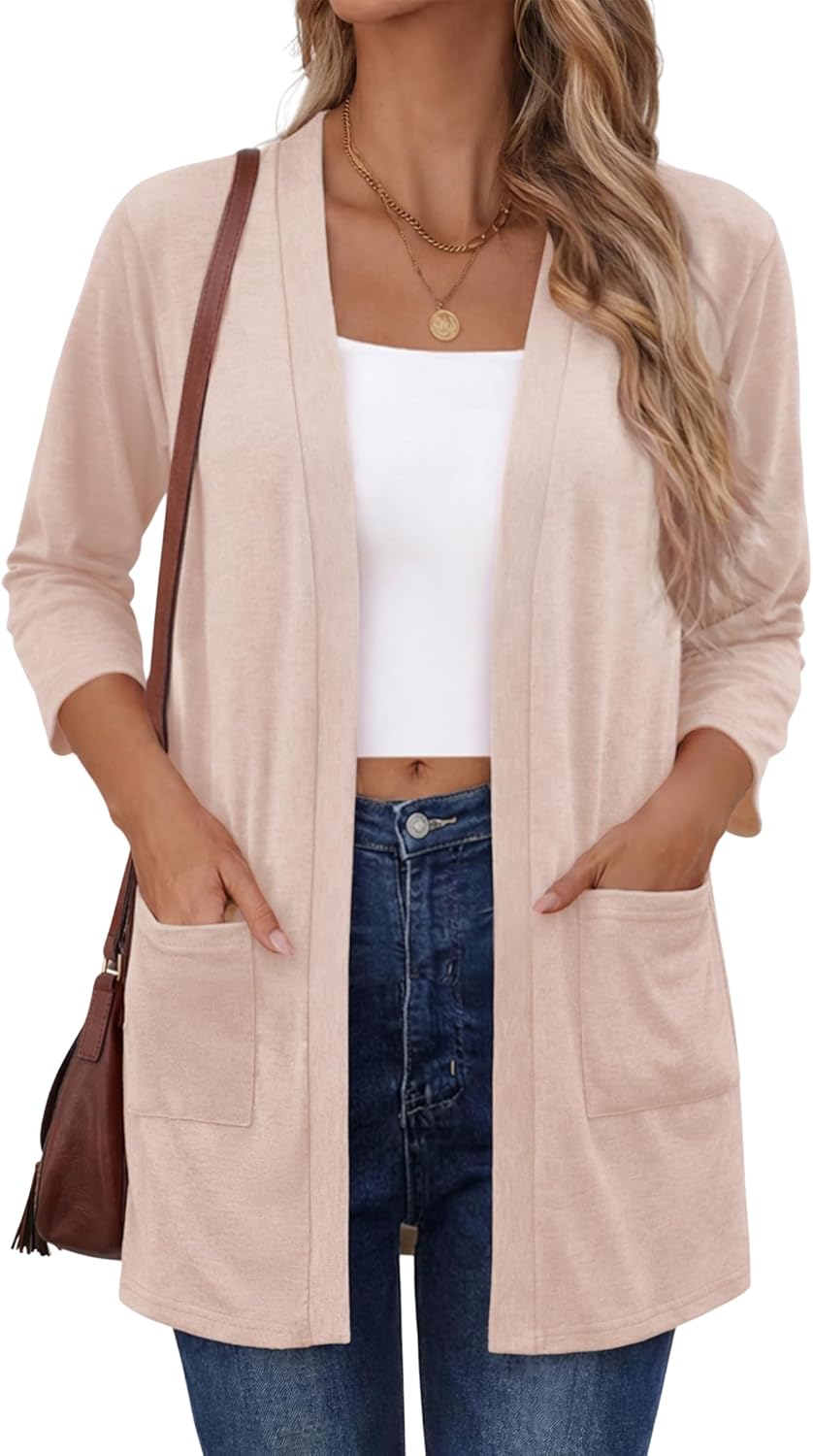 Zeagoo Women's Casual Lightweight Cardigan 3/4 Sleeve Open Front Loose Thin Cardigans with Pockets