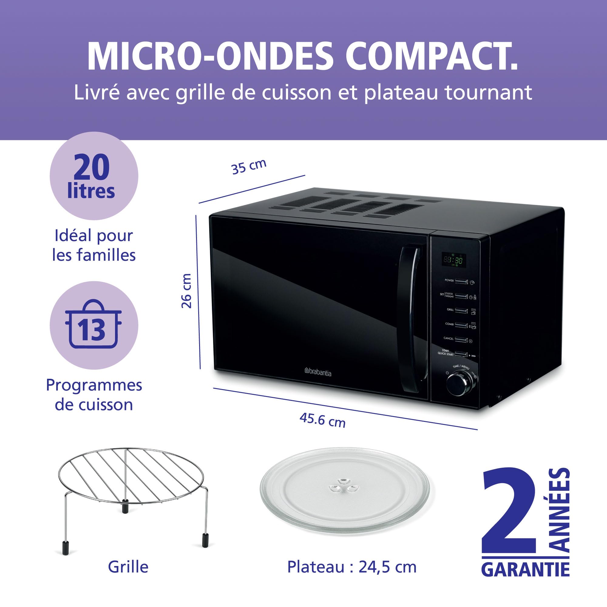 Micro-ondes Brabantia avec Fonction Gril, 20 Litres, Pose Libre, 13 Programmes Automatiques, 6 Niveaux de Puissance, Minuterie Numérique, Grande Capacité, 700W, Noir, BBEK1145DG