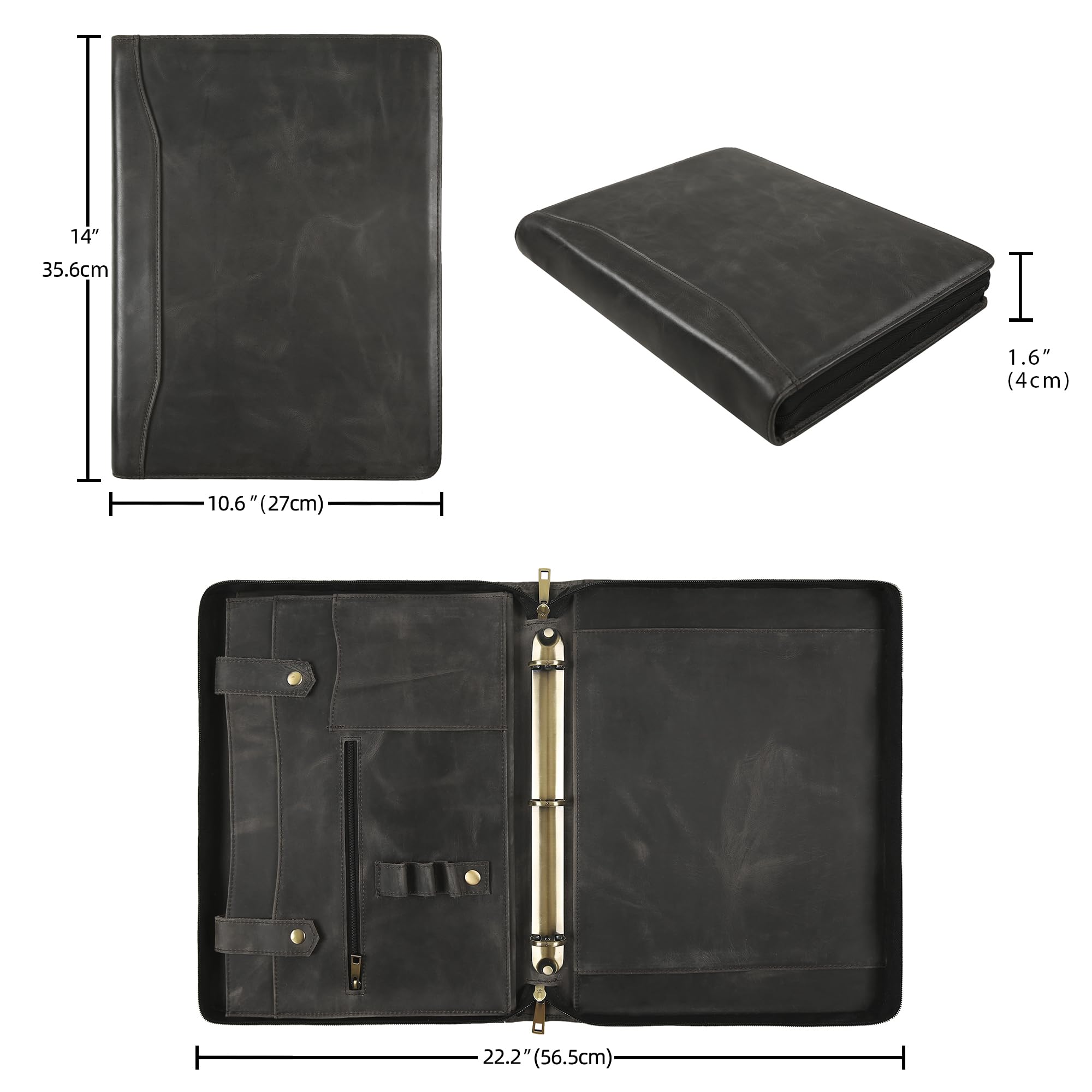 Portefeuille en cuir fait à la main pour homme et femme, porte-documents personnalisé en cuir pour gaucher avec porte-bloc-notes A4 (gris, non personnalisé)