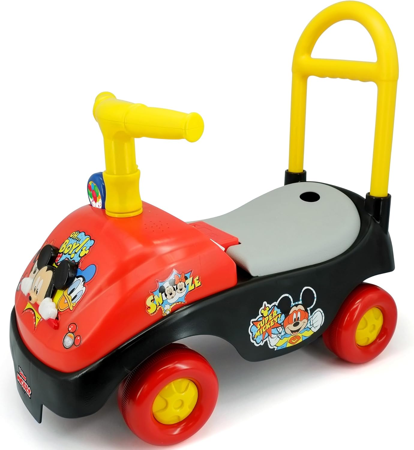 Kiddieland Mickey Mouse Foot-to-Floor Ride-On with Foldable Handle, Interactive Sounds, Toy Phone, Under-Seat Storage, Wide Wheels, 12–36 Months, 55 lb Limit, Batteries Included