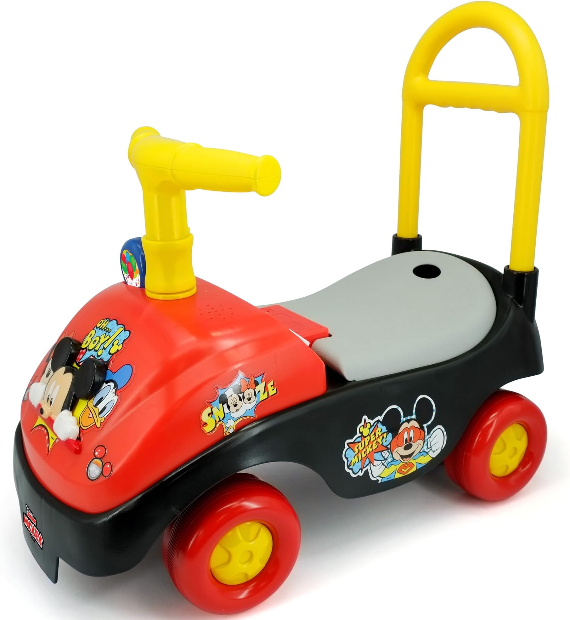 Kiddieland Mickey Mouse Foot-to-Floor Ride-On with Foldable Handle, Interactive Sounds, Toy Phone, Under-Seat Storage, Wide Wheels, 12โ36 Months, 55 lb Limit, Batteries Included