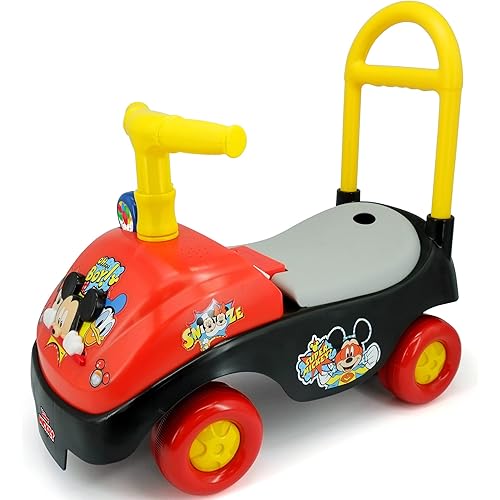 Kiddieland Mickey Mouse Foot-to-Floor Ride-On with Foldable Handle, Interactive Sounds, Toy Phone, Under-Seat Storage, Wide Wheels, 12–36 Months, 55 lb Limit, Batteries Included
