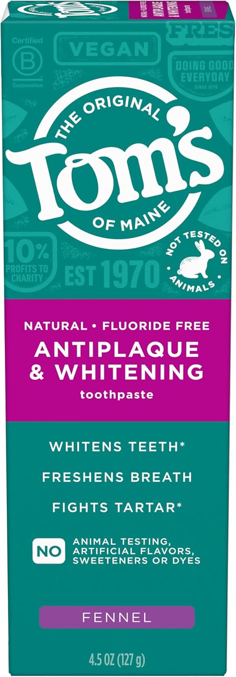 Tom’s of Maine Antiplaque and Whitening Toothpaste, Fluoride Free, Fennel, Single, 4.5 Oz