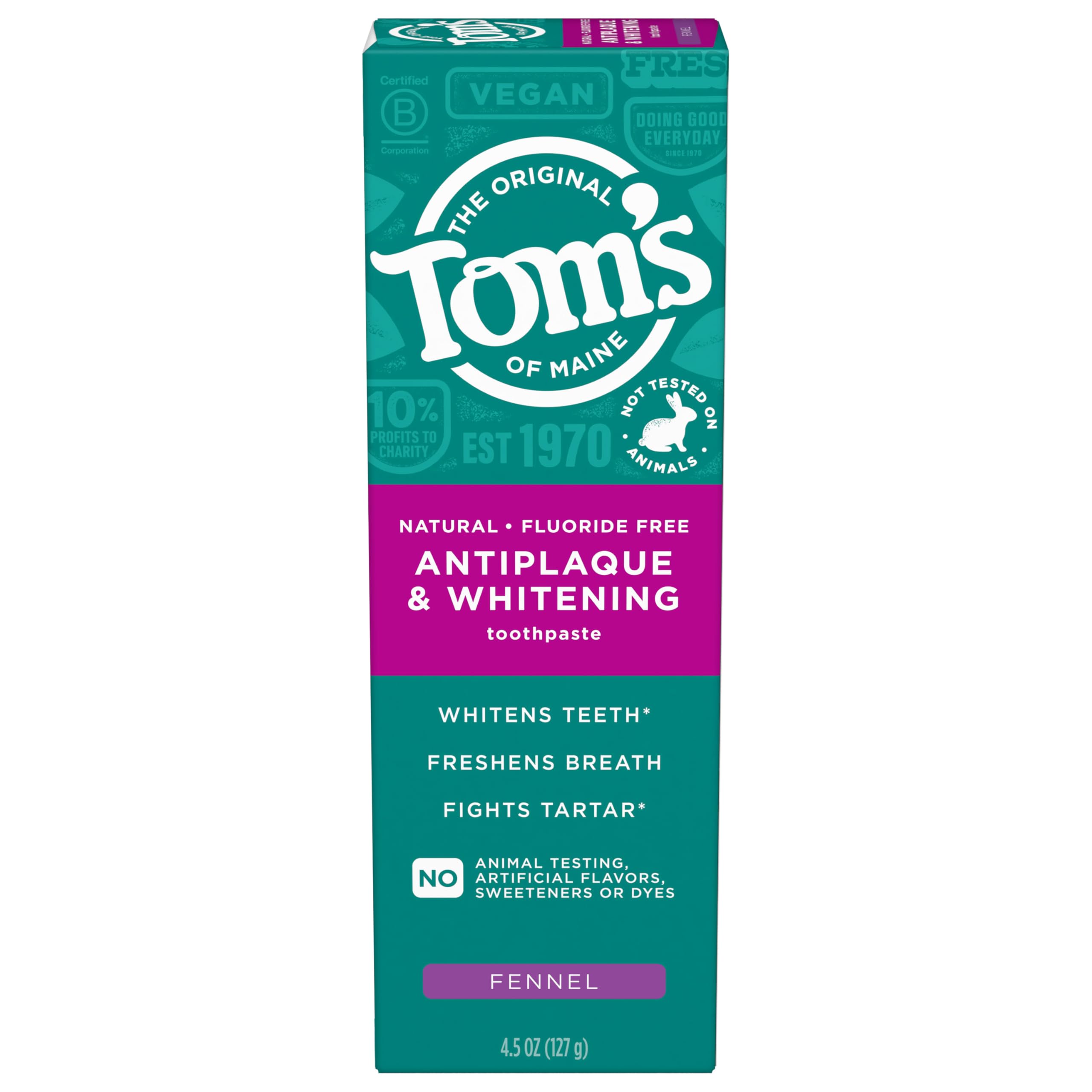 Toms of Maine Antiplaque and Whitening Toothpaste Fluoride Free Fennel Single 4 5 Oz
