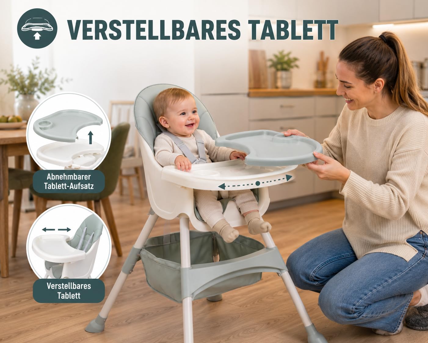 Baby Vivo Hochstuhl 2in1 Baby Kinder Babyhochstuhl Kombihochstuhl - Abnehmbares Verstellbares Tablett - mit Hängekorb - Oscar in Türkis