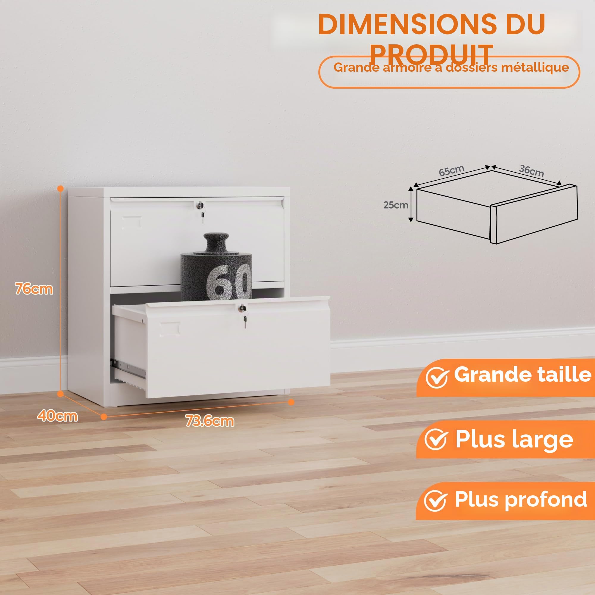 Armoire de rangement en métal avec 2 tiroirs, grand volume de rangement, armoire de classement avec serrure, grande capacité, adaptée pour la maison, le bureau, blanc