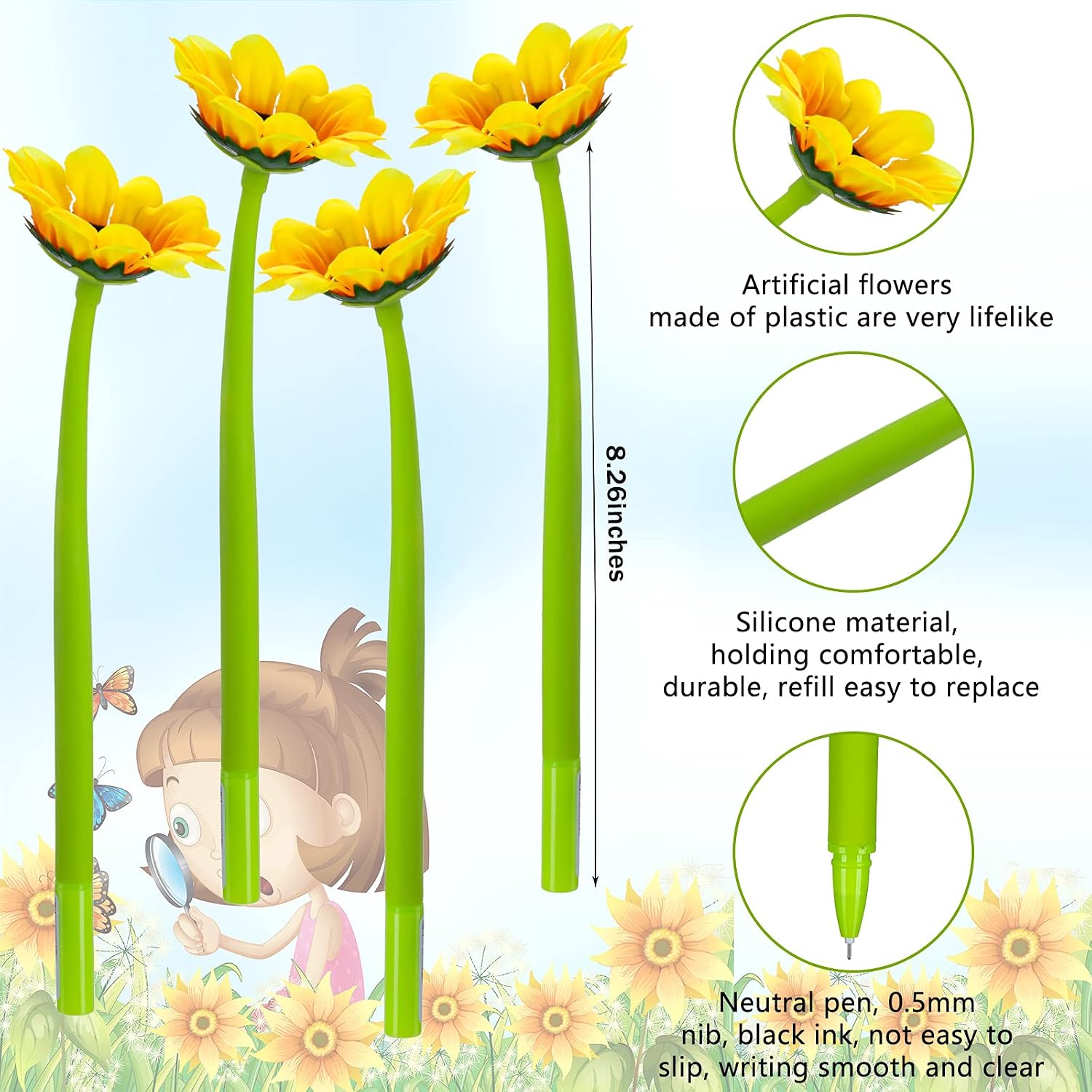 Outus 24 Pcs Sunflower Pens Gifts for Women Teacher Mother's Day Appreciation Desk Accessories Office Decor Bulk Creative Artificial Yellow Flower Gel Ink Writing Ballpoint Pen 0.5 mm Party Favor