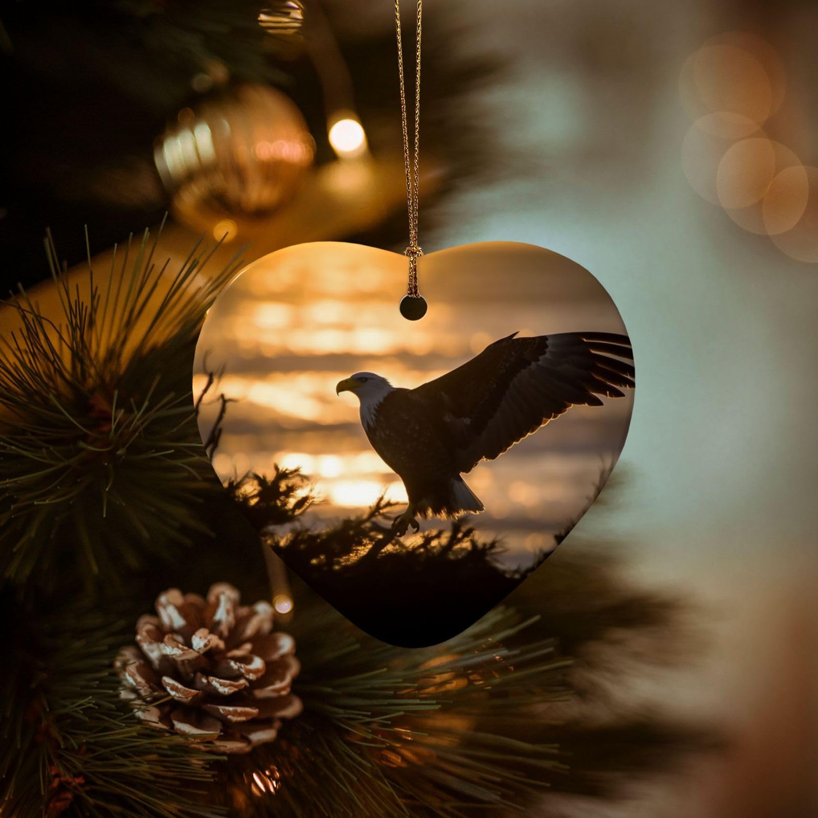 Christmas Ornaments for Christmas Tree Decoration Hanging Backlit Eagle Ornament with Gold Ribbon Crafts Heart Shape Ceramic Pendant for Keepsake Gifts Xmas Decor Party Supplies