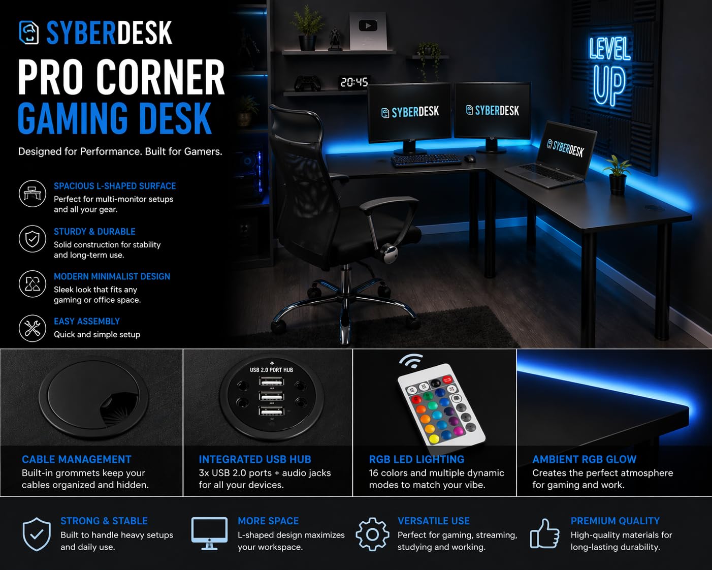 Gaming Pro LED Biurko narożne, 185 x 120 cm, z diodami LED, duże biurko komputerowe, solidne (prawe)