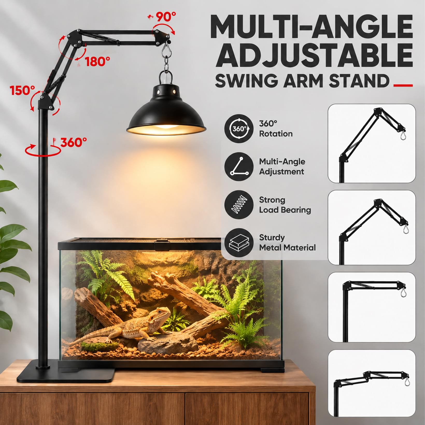Soporte para lámpara de reptiles, 40 – 180 cm, ajustable, para reptiles | Lámpara de calor con rotación de 360°, tortugas con base, iluminación para terrarios y viveros