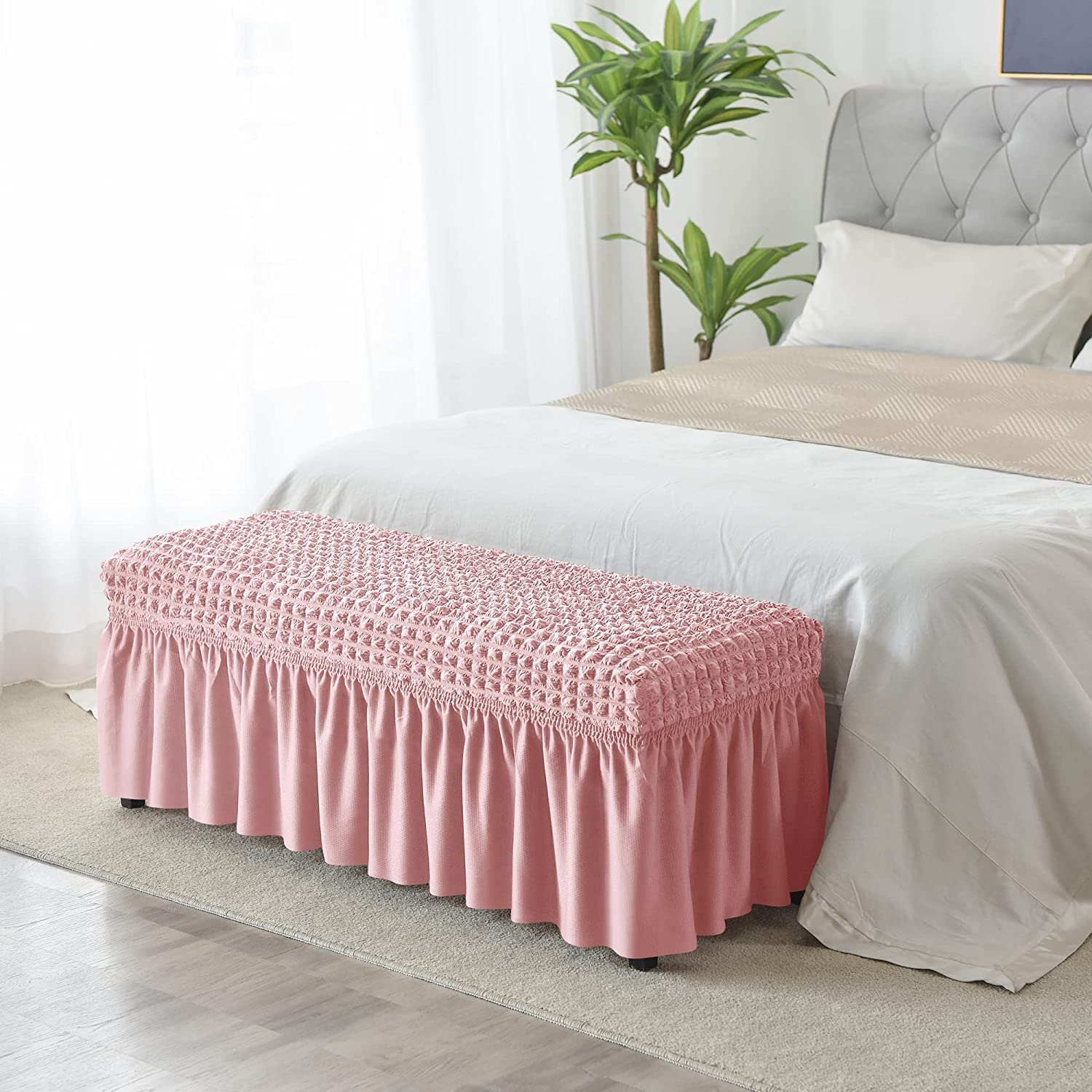 JHLD Stretch Upholstered Bench Slipcover, Seersucker Dining Room Bench Covers with Skirt Bench Seat Protector Soft Dining Bench Cover for Dining Room -Pink-Large