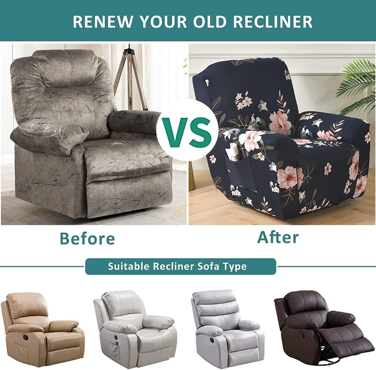 Recliner Slipcover Stretch Printed Lazy Boy Chair Covers 4-Pieces Floral Sofa Slipcover with Side Pocket for Rocking Recliner, Soft Furniture Protector (Color :Dark Blue)