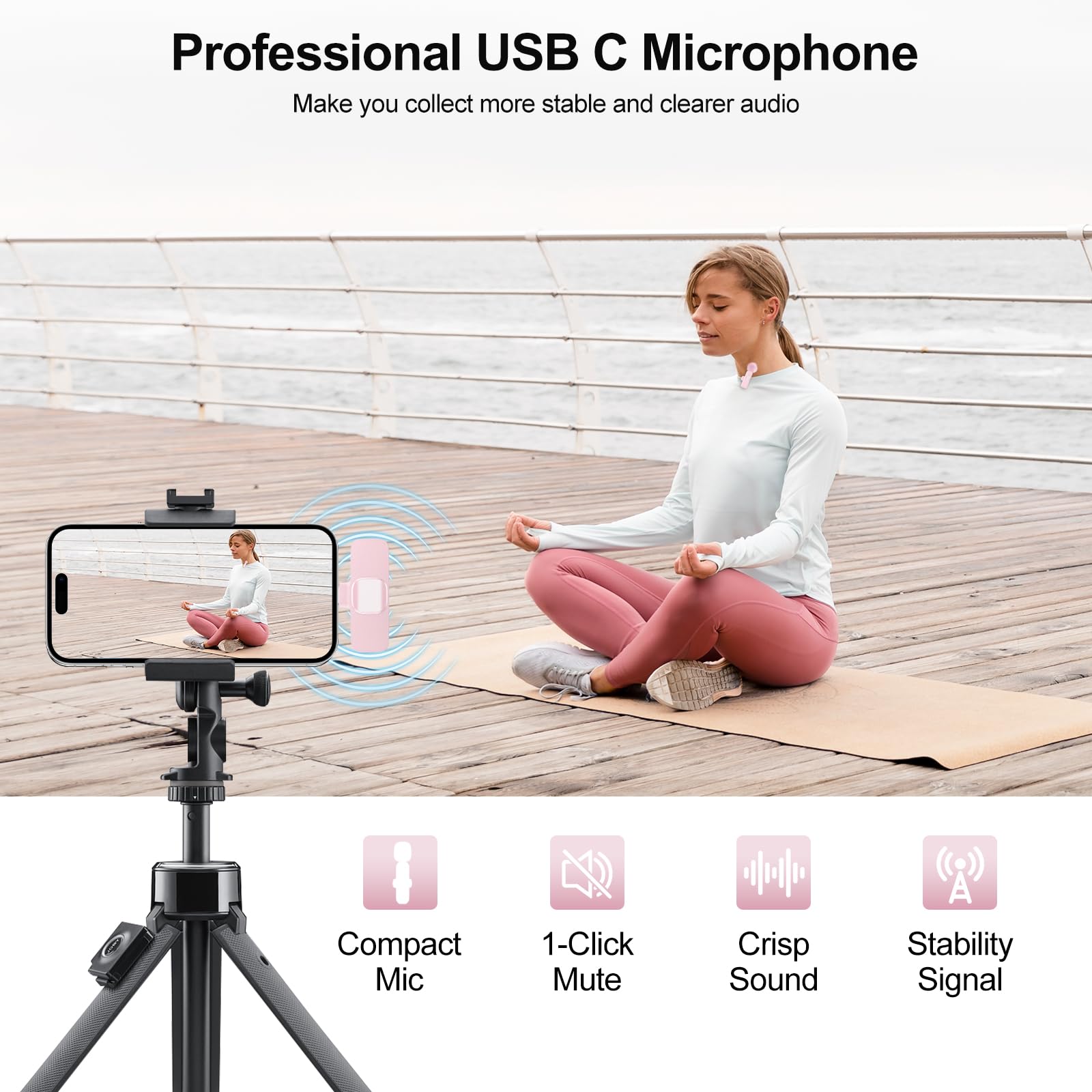 PoP voice Wireless Lavalier Microphone for iPhone/Android - Mini Clip-On Mic with Noise Cancellation, 65ft Range, 12H Battery, Lapel Mic for Record Video, Podcast Vlog Content Creator Interview: Pink