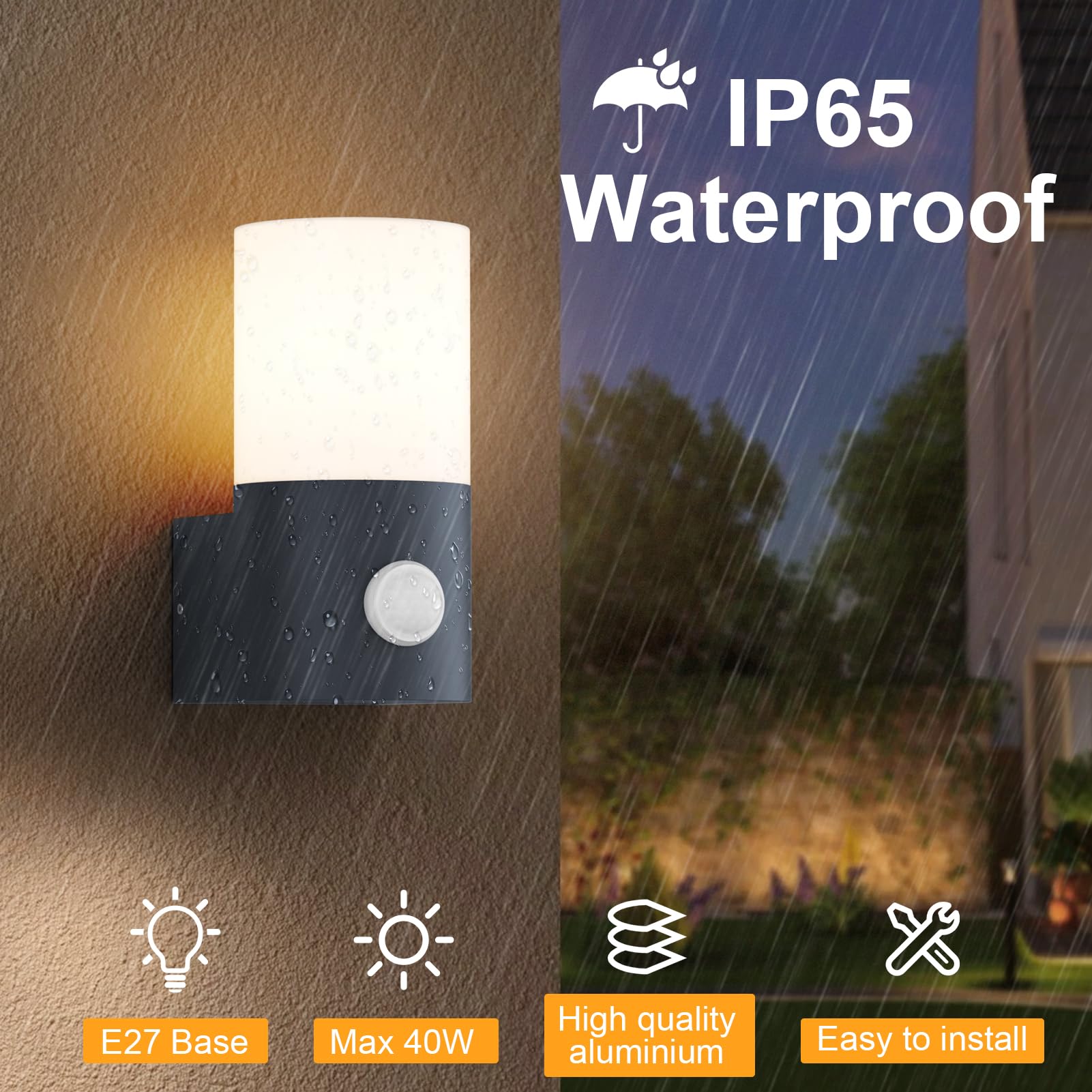 Klighten 2 Stück Wandleuchten Außen Innen, E27 Außenwandleuchte, Außenlampe mit Bewegungsmelder, IP65 Außenleuchte, Aussenleuchte für Eingang Terrass, PC Aluminium, ohne Leuchtmittel, Anthrazit
