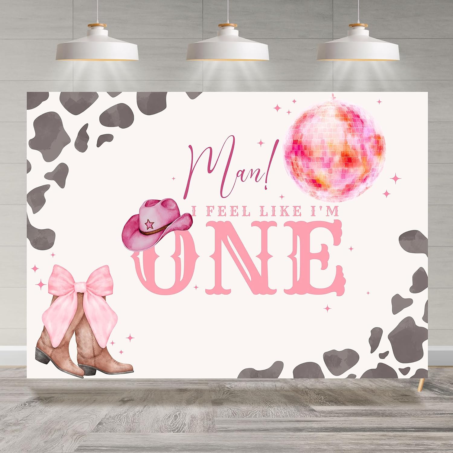 7x5ft 1st Birthday Backdrop Cowgirl I Feel Like I'm One Disco Pink Bowknot Boots Photography Background for Girls Boys First Birthday Party Decoration Supplies Banner Photo Booth Studio Props