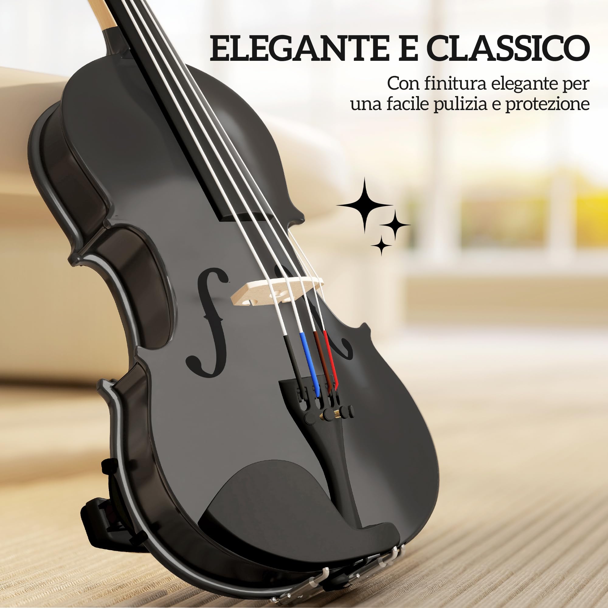 HOMCOM Violino 4/4 in Legno per Principianti e Adulti con Custodia Nero | Arco, Spalliera, Pece, Tavola in Compensato Abete, Manico e Testa in Acero