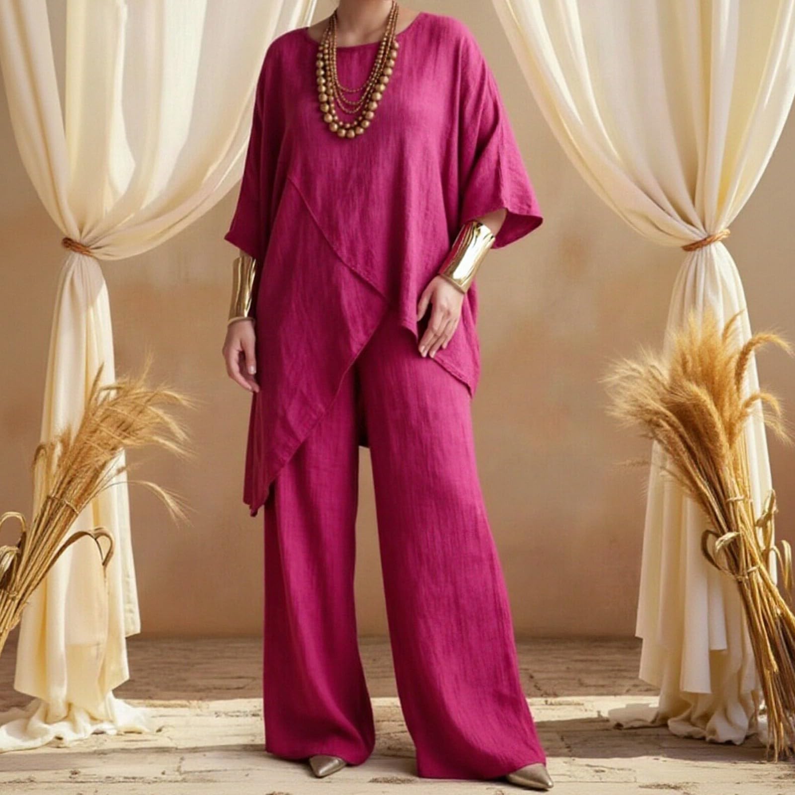 Ensemble Lin de 2 Pièces pour Femme avec Haut Manches Courtes Coupe Trapèze et Pantalon a Jambe Large Casual Ensemble Chic et Elegant Couleur Unie pour Fête Cocktail Invités de Mariage Classique Set