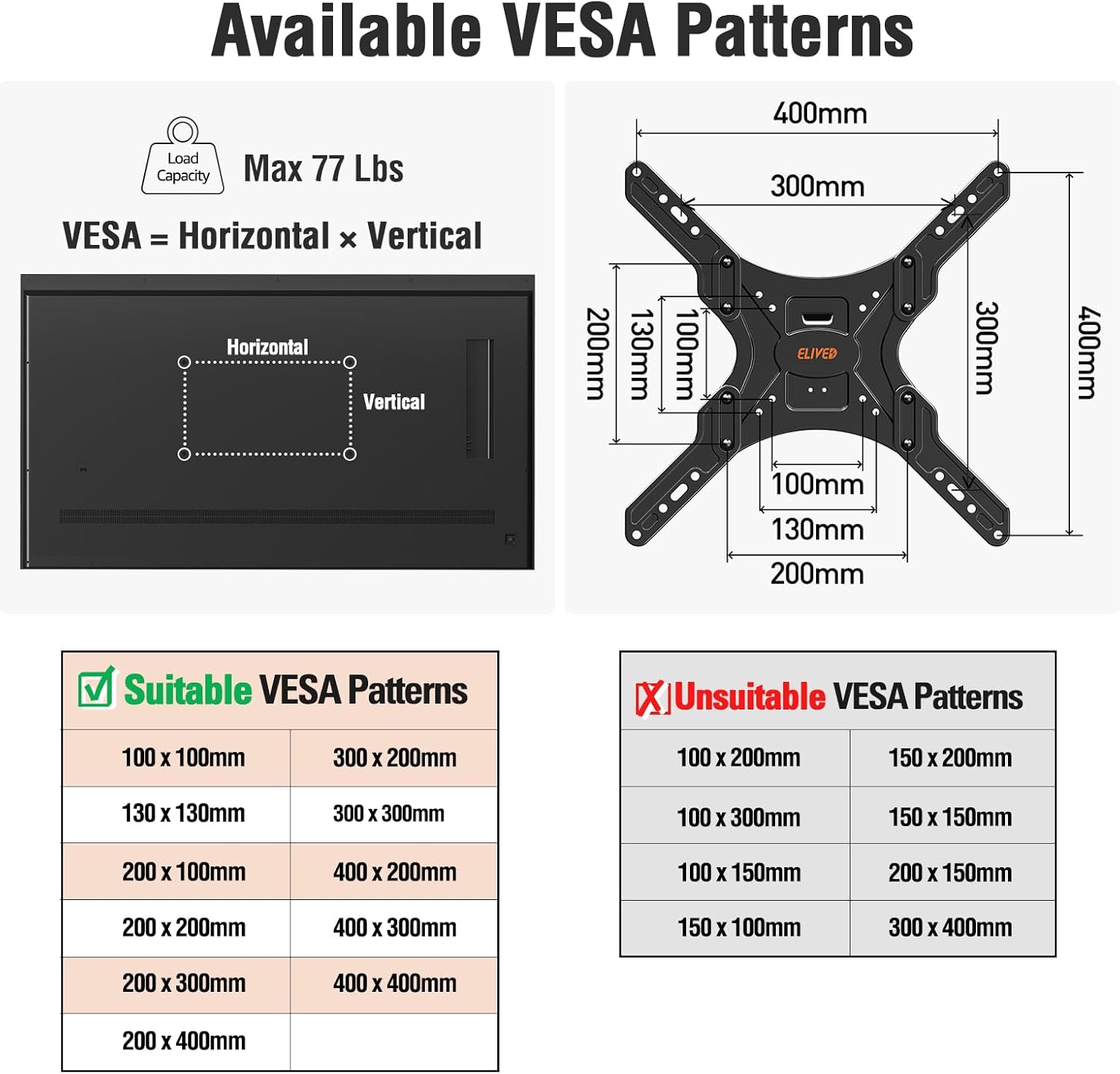 Diagram showing VESA patterns and load capacity for ELIVED Pillar TV Mount, max 77 lbs.