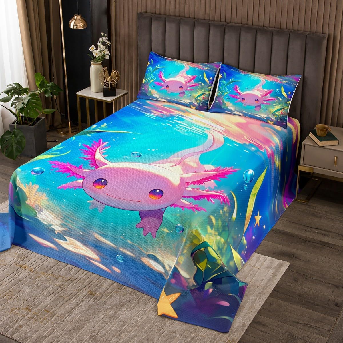 jejeloiu Cute Axolotl Bedspread Cartoon Salamander Bedspread for Kids Boys Girls Star Print Coverlet Set Ocean Sealife Quilted Bedroom Collection 2Pcs Twin Size