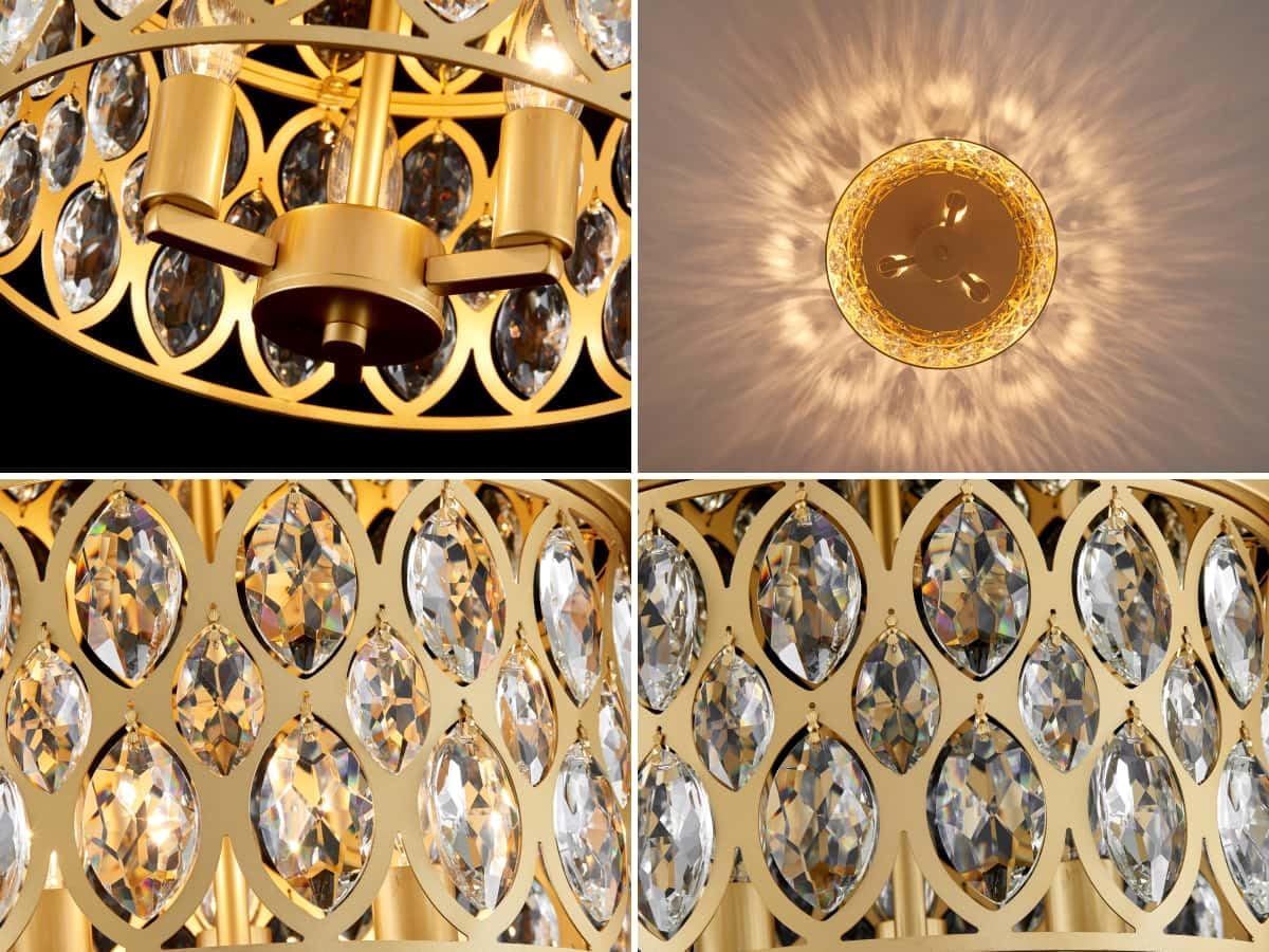 Modern K9 Crystal Chandelier Ceiling Light, Close to Ceiling Light Fixture for Dining Room, Living Room, Bedroom, Hallway, Foyer, Gold Finish Frame, 3*E12 Socket, D13*H7 inch