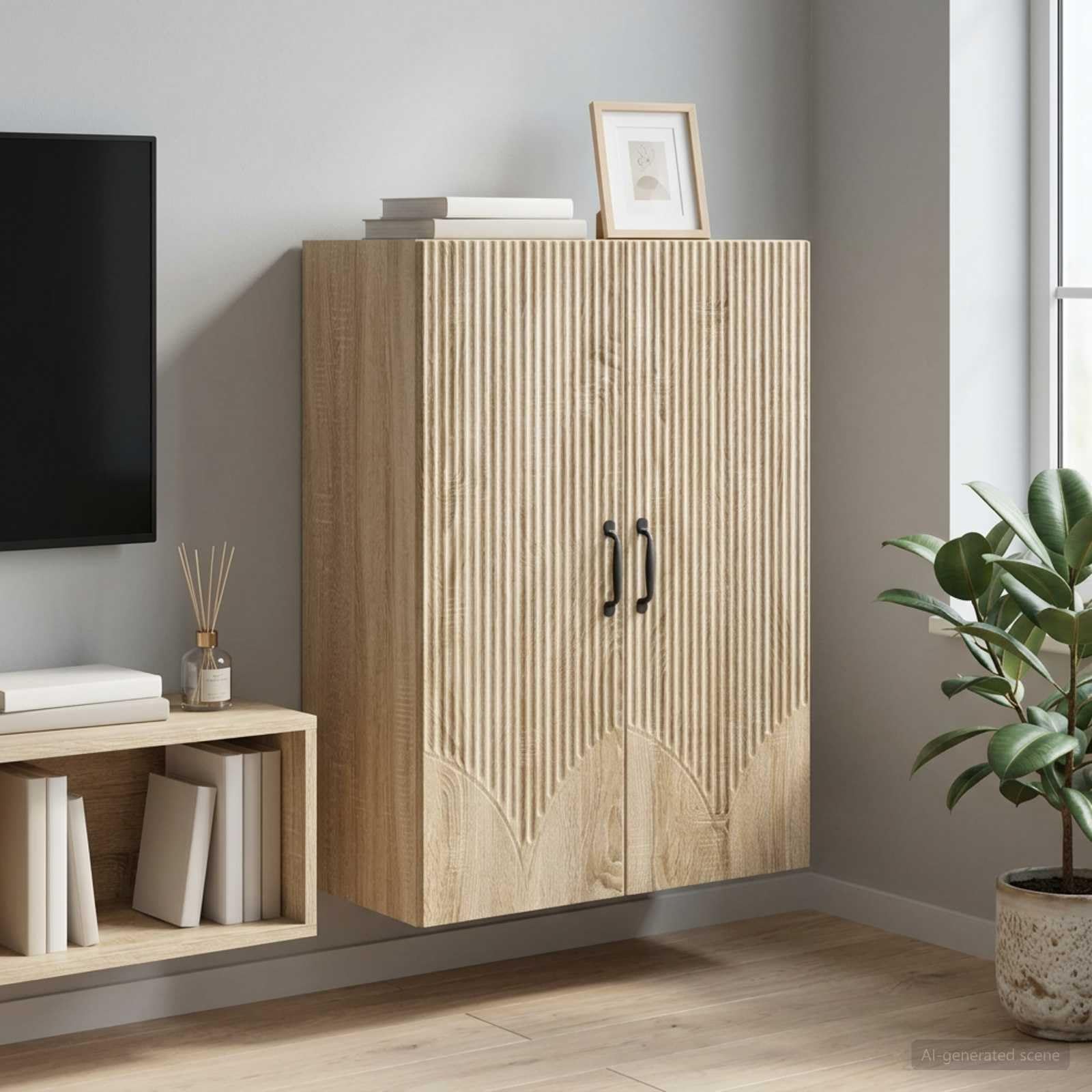 Szafka ścienna z dębu Sonoma 66 x 34,5 x 90 cm z 2 drzwiami i metalowymi uchwytami, montowana na ścianie szafka do przechowywania do biura, korytarza, warsztatu, garażu, piwnicy