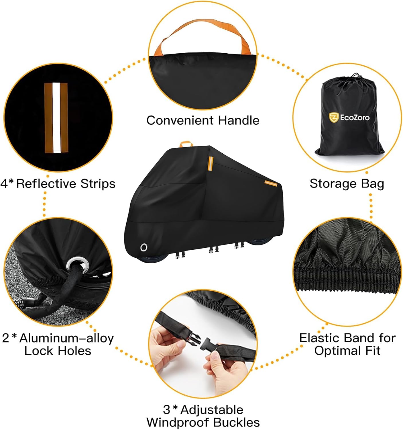 300D Heavy Duty Motorcycle Cover - All Season Waterproof Outdoor Protection with Lock-Holes, Night Reflective & Storage Bag Fits up to 116" Cruiser, Touring, Sportbike, Dirt Bike, Scooter