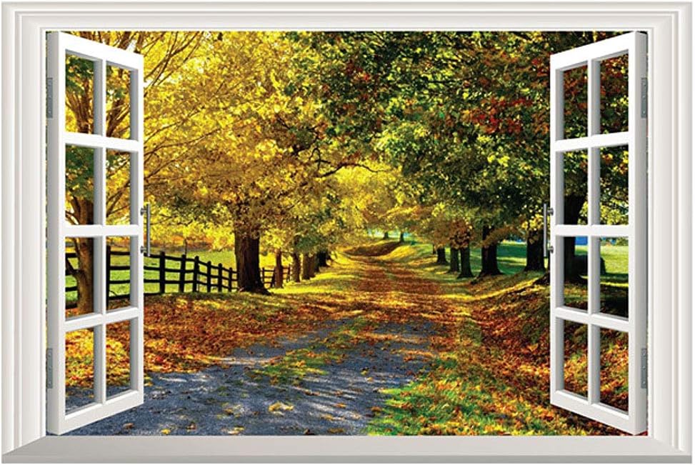 Home Find Fake Faux Window View Tranquil Alley Autumn Wall Stickers Living Room Bedroom Nursery Wall Decals Removable Self Adhesive 3D Vinyl Home Decoration (23 inches x 15 inches)